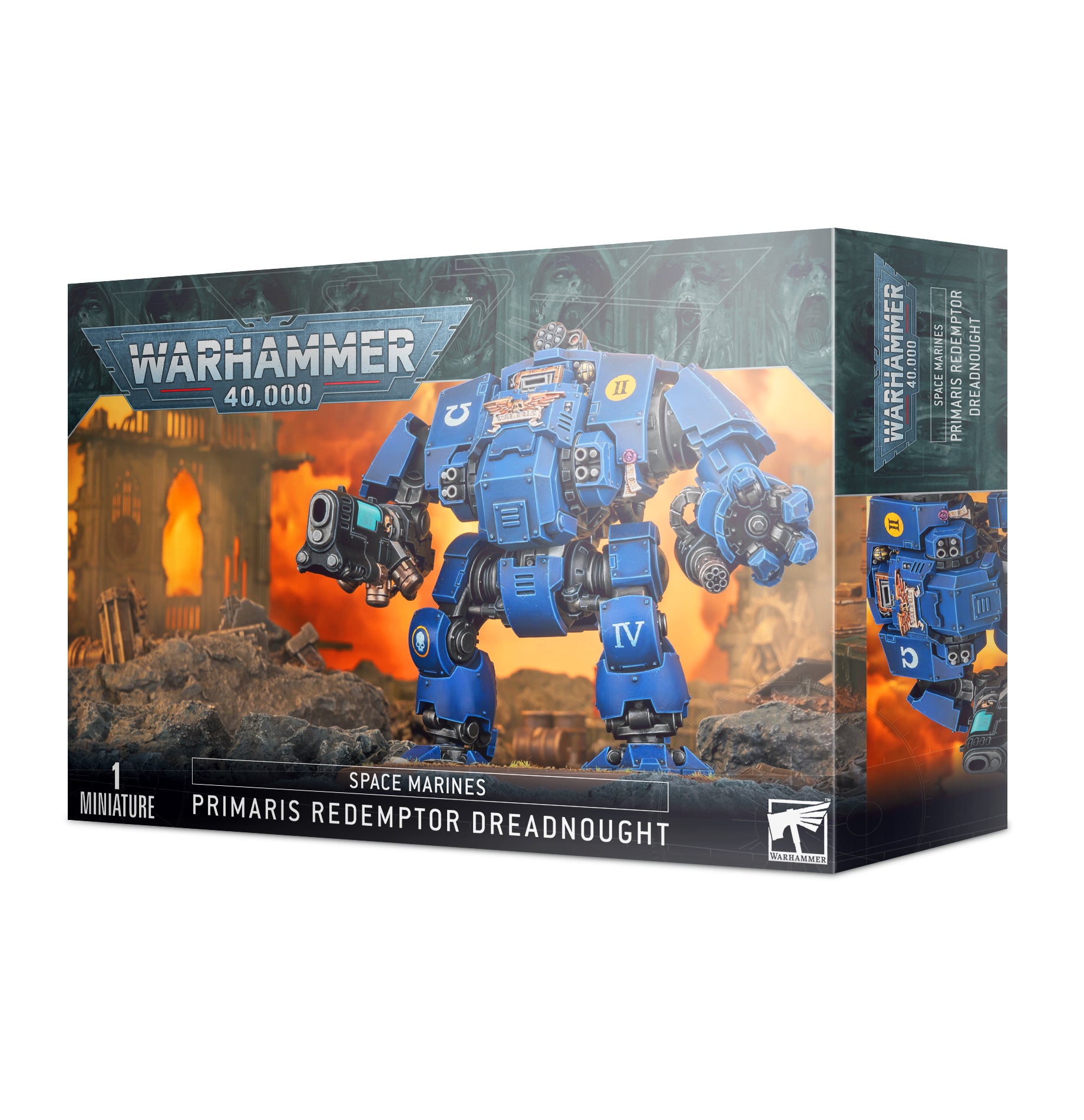 Warhammer 40,000 - Space Marines - Redemptor Dreadnought - Blue armored robotic dreadnought model with heavy weapons, detailed machinery, and Space Marines insignia on packaging box.