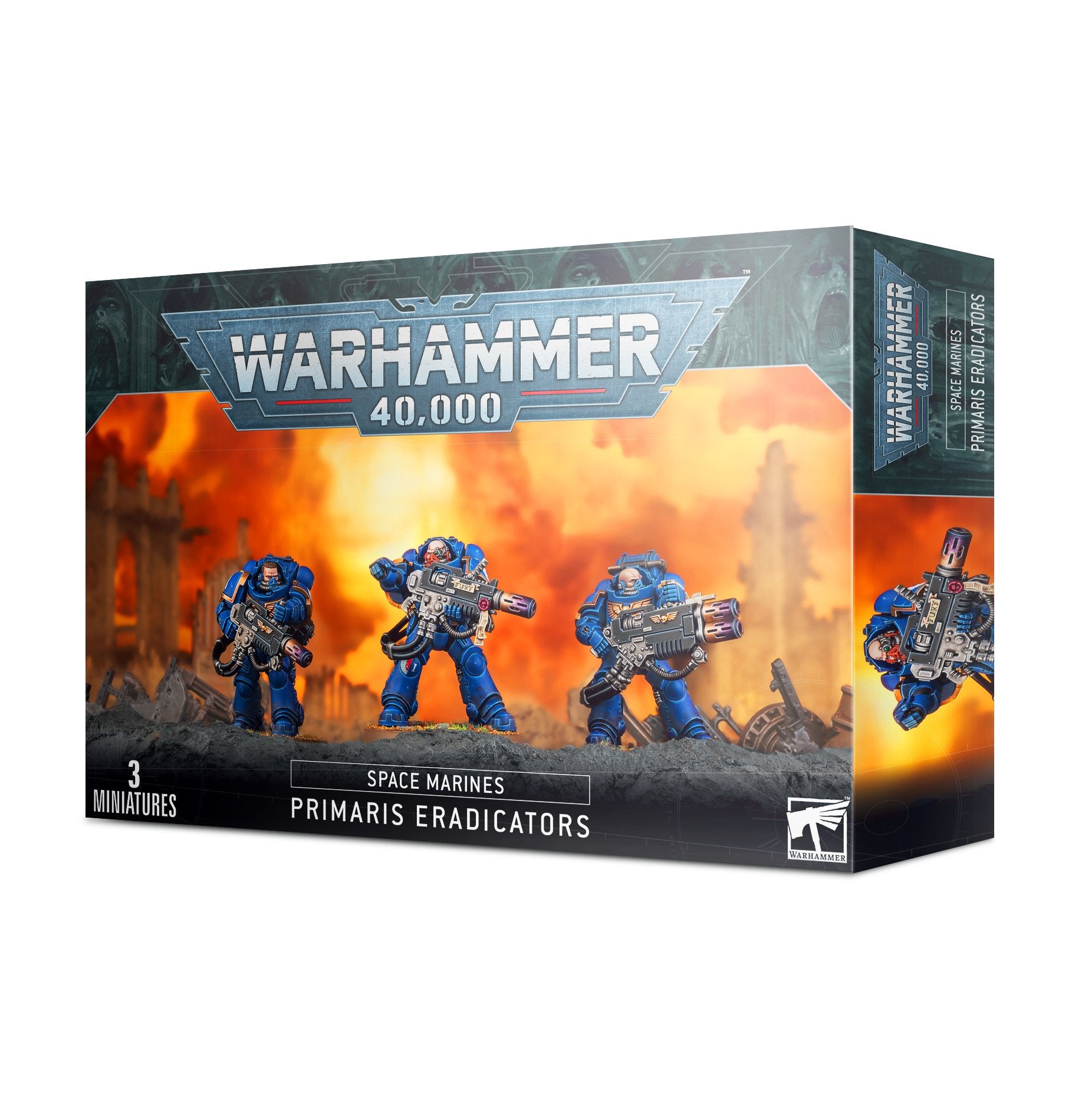 Warhammer 40,000 - Space Marines - Primaris Eradicators - Warhammer 40,000 Primaris Eradicators box featuring three blue-armored Space Marine miniatures with bulky weapons against.