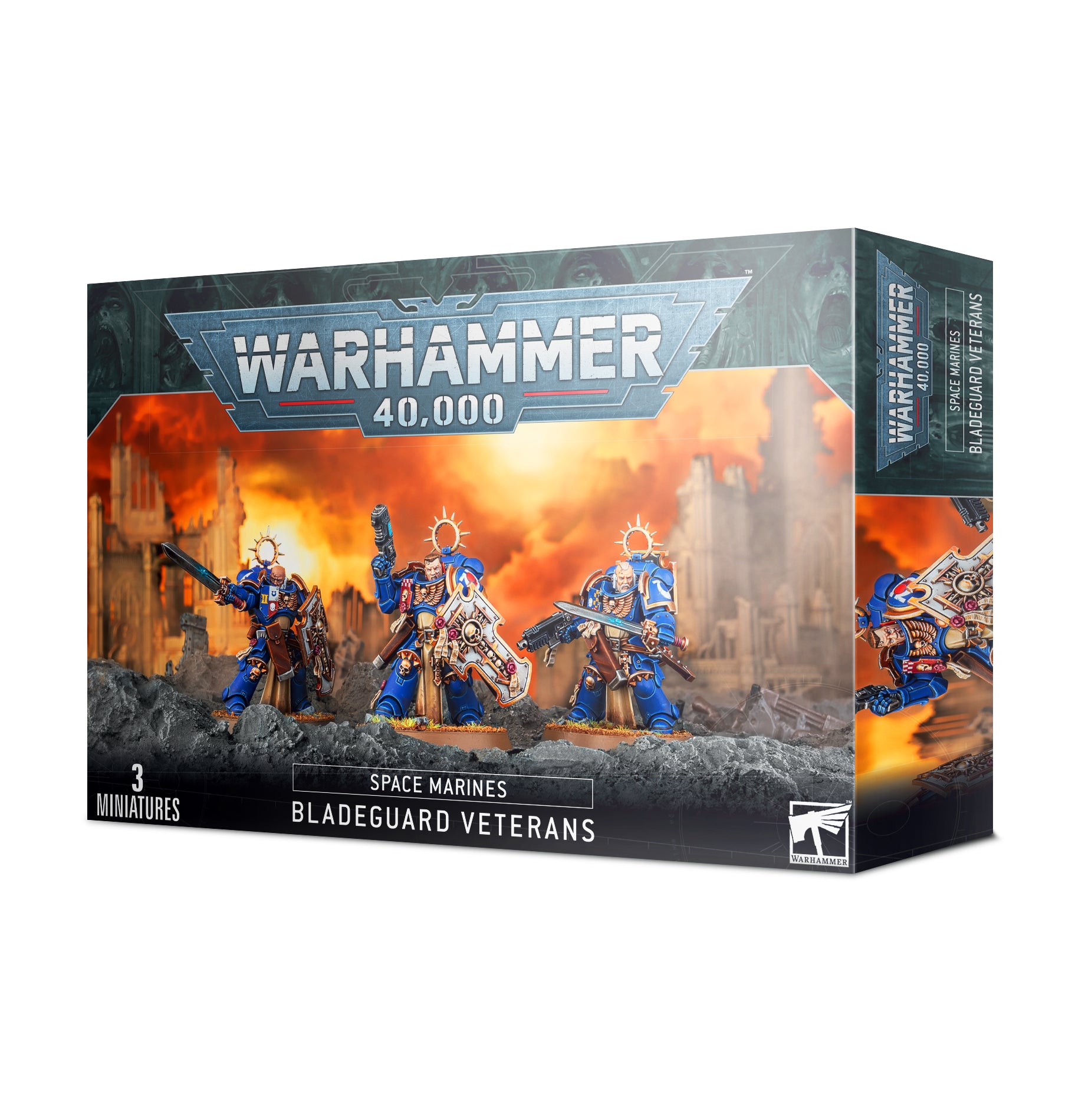 Warhammer 40,000 - Space Marines - Bladeguard Veterans - Set of three blue-armored Space Marines Bladeguard Veterans with gold and white detailing, heavy armor and melee weapons,.
