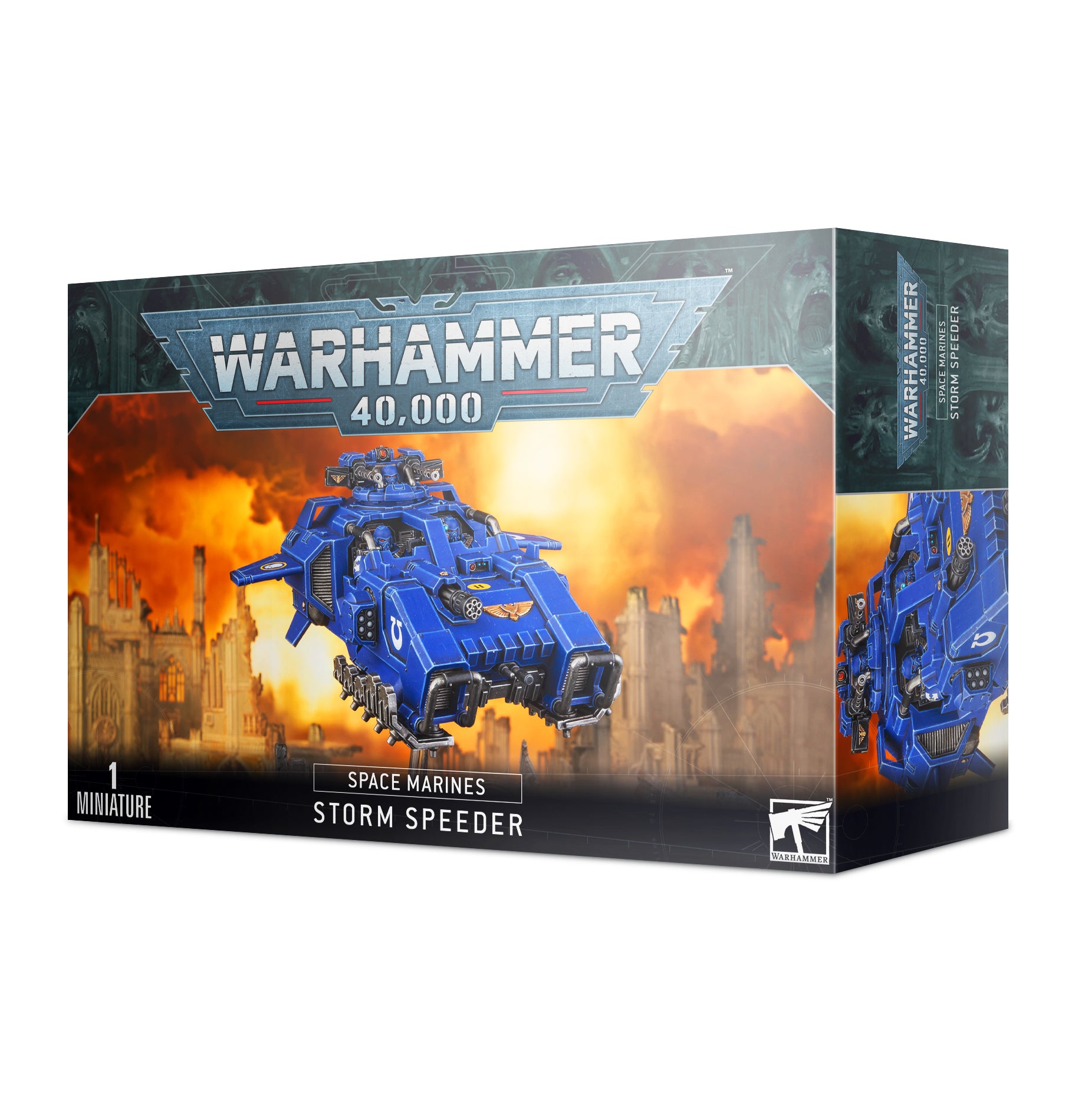 Warhammer 40,000 - Space Marines - Storm Speeder - Blue futuristic armored Space Marines Storm Speeder vehicle model on Warhammer 40,000 box with fiery battlefield background.
