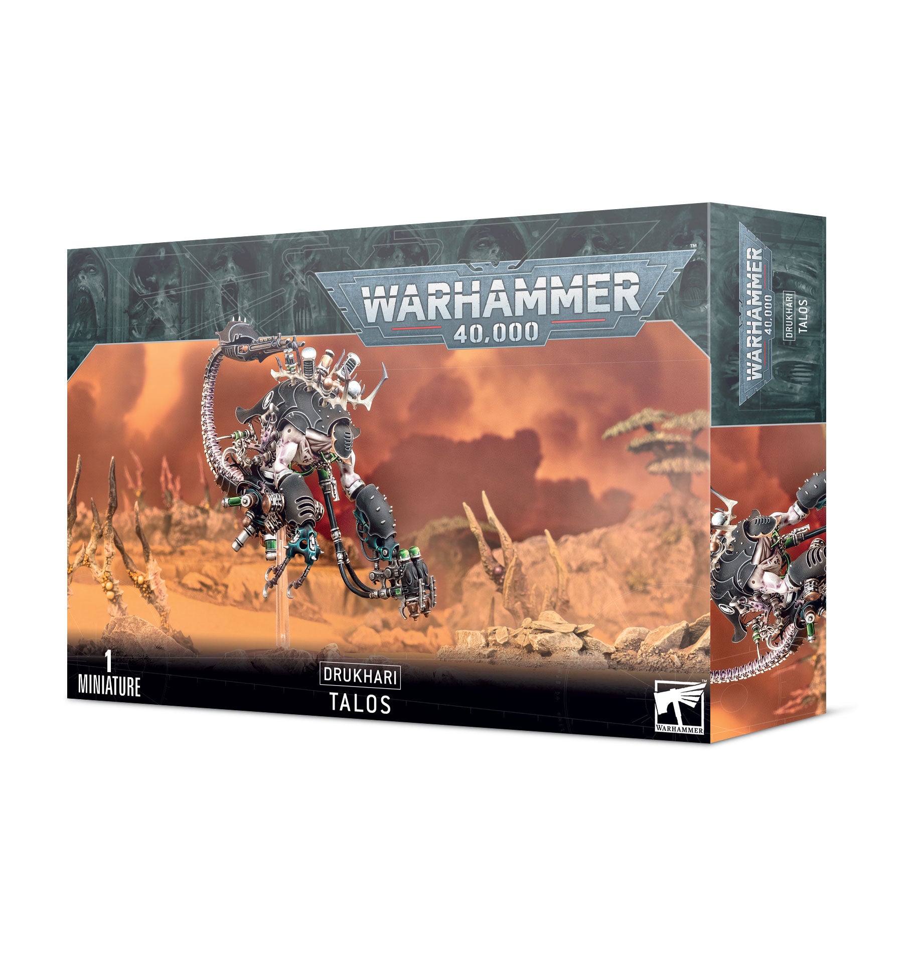 Warhammer 40,000 - Drukhari - Talos - Warhammer 40,000 Drukhari Talos miniatures box featuring dark, sinister warrior on a spiked and skeletal mechanical mount.
