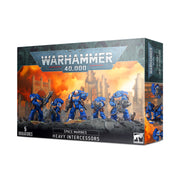 Warhammer 40,000 - Space Marines - Heavy Intercessors - Boxed set of five detailed blue armored Space Marines Heavy Intercessors miniatures with futuristic guns and helmets,.