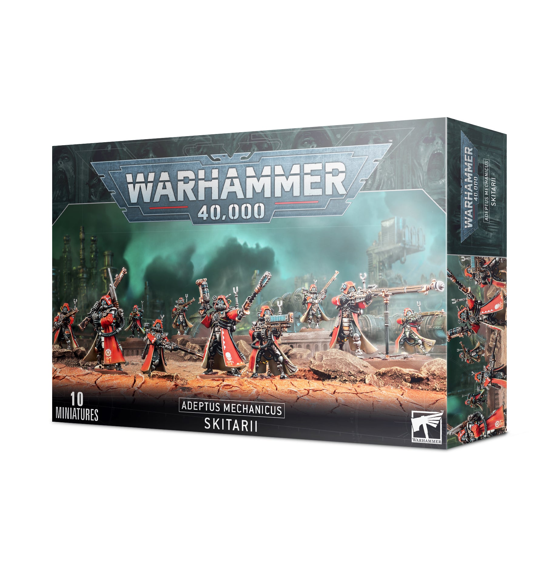 Warhammer 40,000 - Adeptus Mechanicus - Skitarii - Warhammer 40,000 Adeptus Mechanicus Skitarii boxed set with detailed red and metallic miniatures on battlefield terrain.