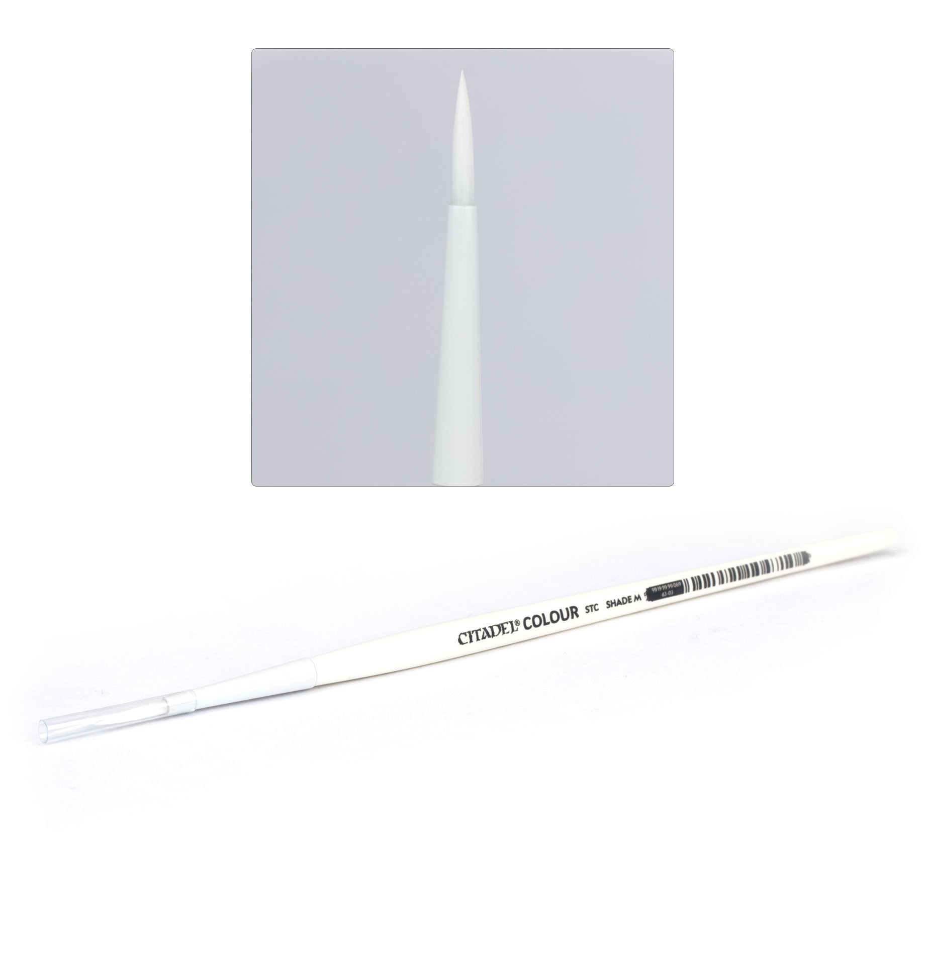 Citadel - Medium Synthetic Shade Brush - White synthetic paintbrush with fine pointed tip and white handle labeled Citadel Medium Synthetic Shade Brush.