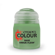 Citadel Base Paint: Orruk Flesh - Small green plastic pot with a translucent lid, labeled Citadel Colour Base Orruk Flesh paint.
