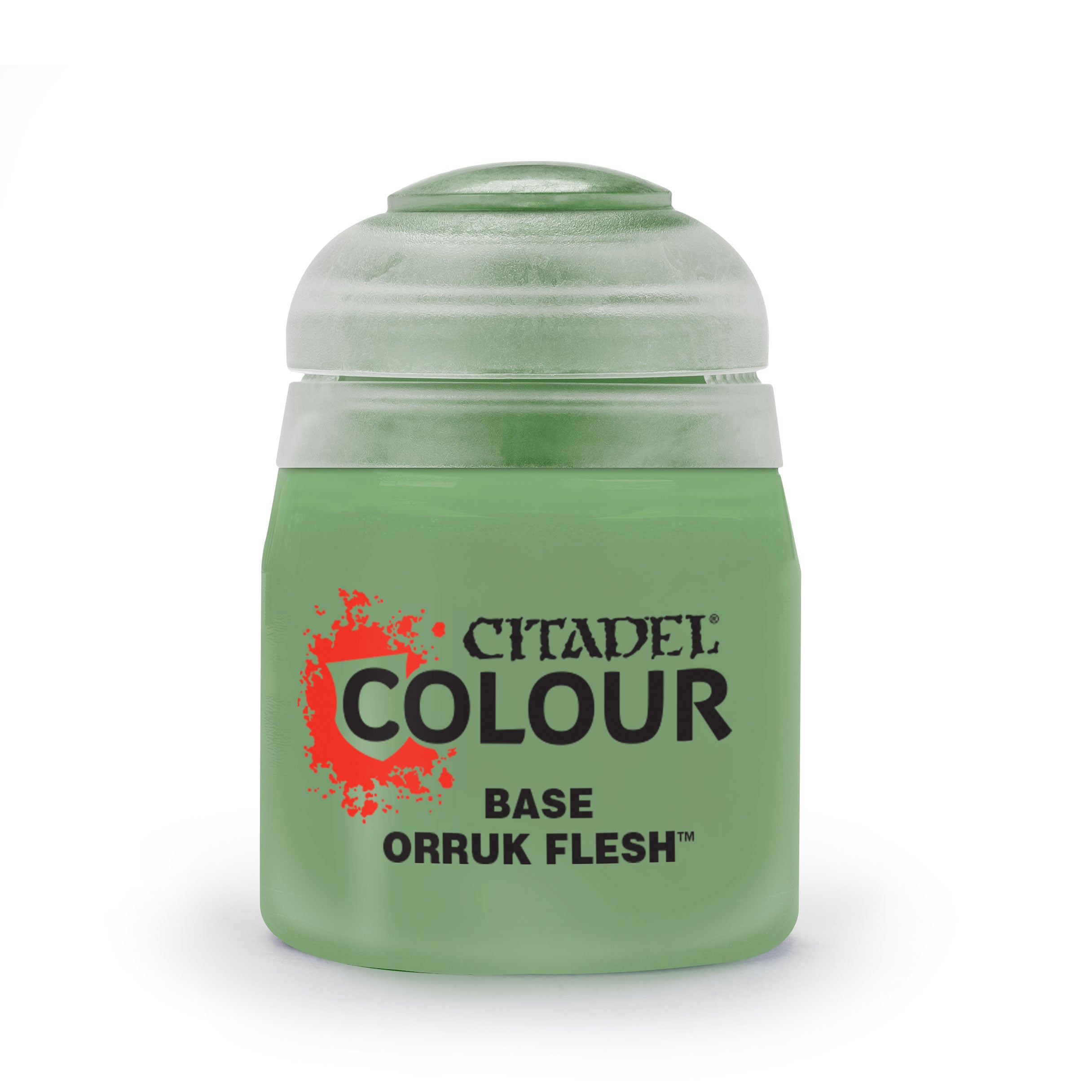 Citadel Base Paint: Orruk Flesh - Small green plastic pot with a translucent lid, labeled Citadel Colour Base Orruk Flesh paint.