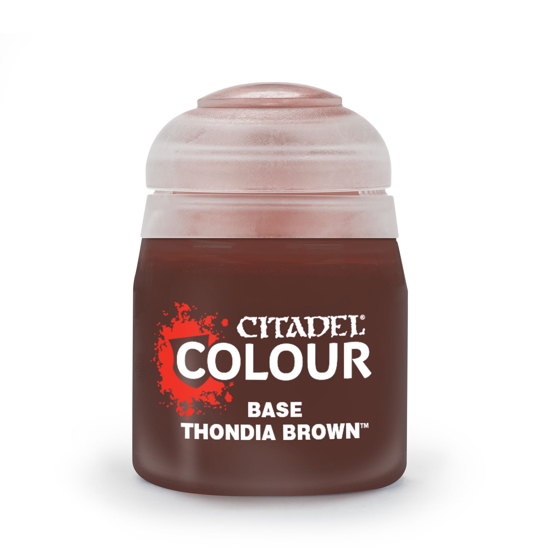 Citadel Base Paint: Thondia Brown - Small round plastic paint pot with screw-on lid, labeled Citadel Colour Base Thondia Brown paint, showing rich brown shade.