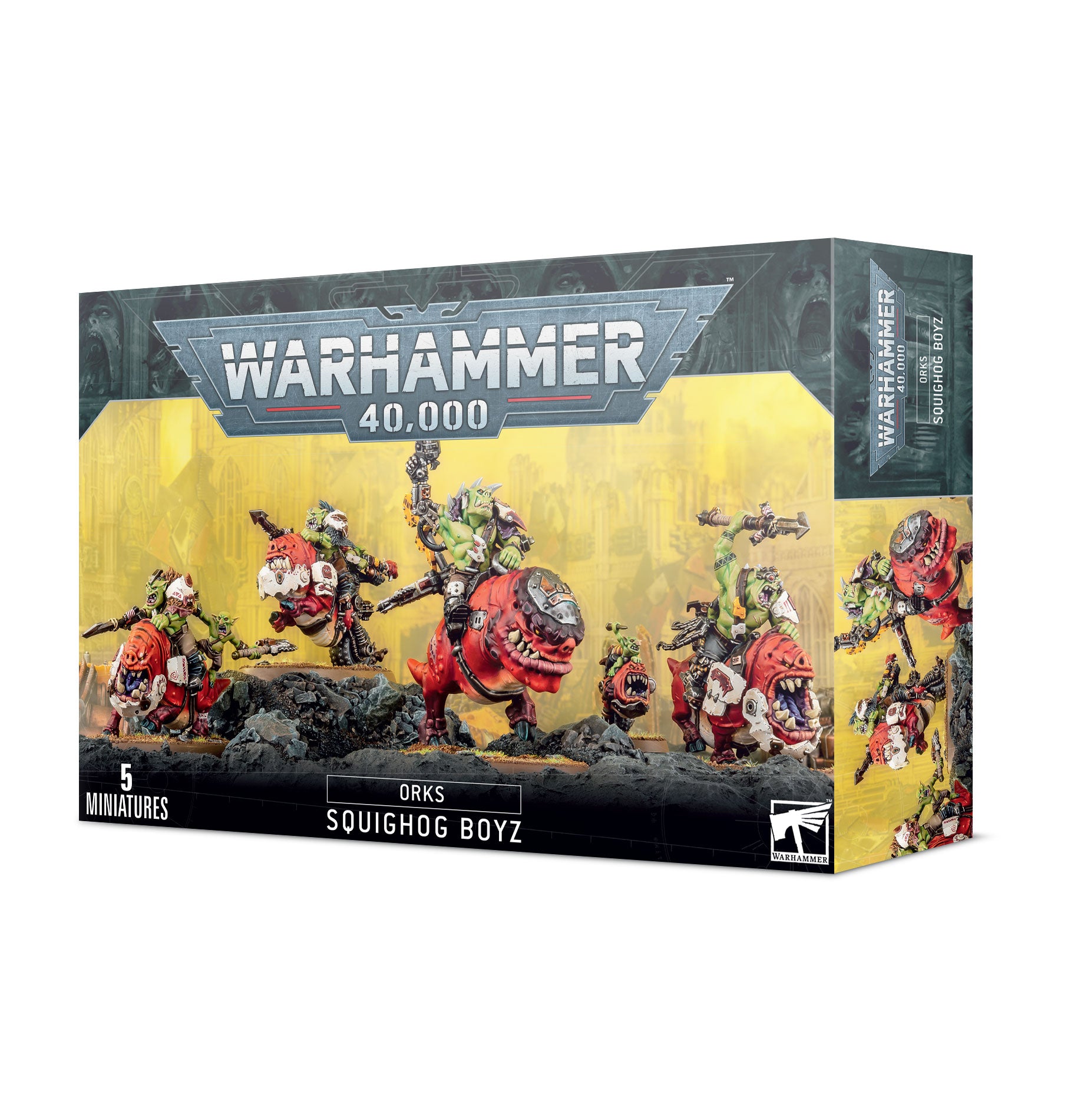 Warhammer 40,000 - Orks - Squighoig Boyz - Warhammer 40,000 Orks Squighoig Boyz box showing five green-skinned orks wielding weapons and riding squigs on detailed.