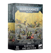 Warhammer 40,000 - Orks - Runtherd and Gretchin - Warhammer 40,000 Orks Runtherd and Gretchin set box with painted miniatures displayed on rocky terrain.