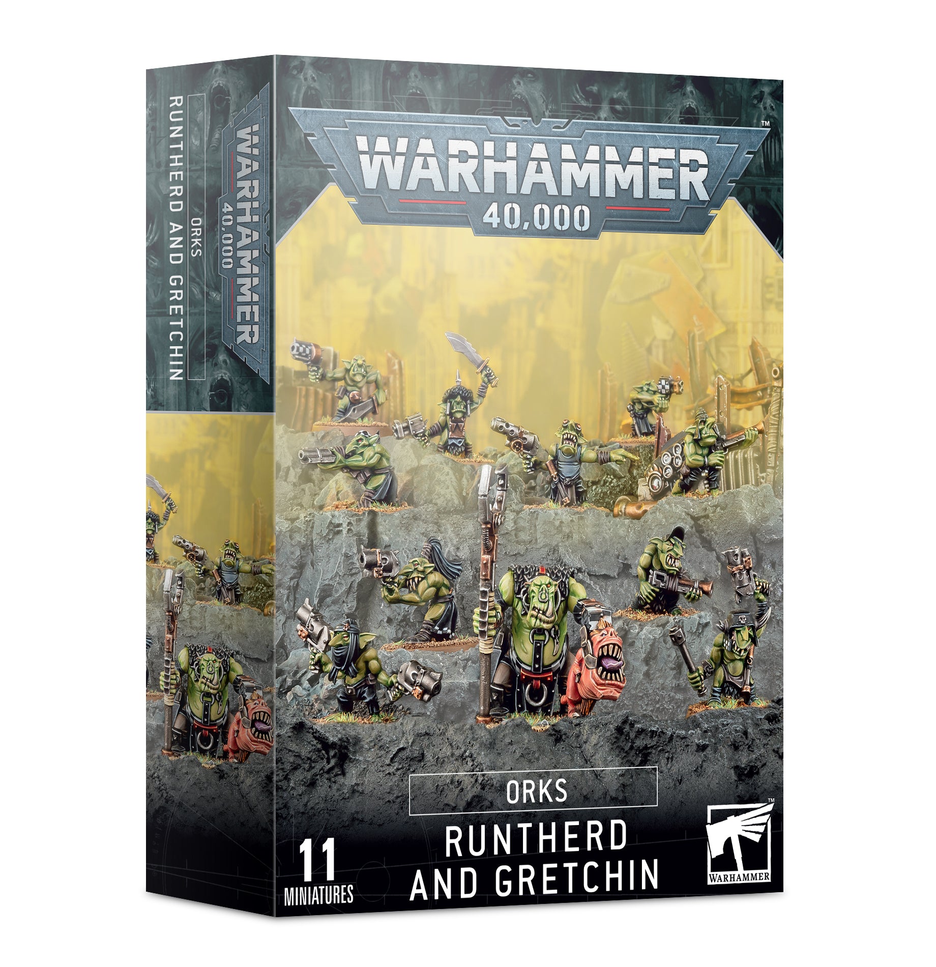 Warhammer 40,000 - Orks - Runtherd and Gretchin - Warhammer 40,000 Orks Runtherd and Gretchin set box with painted miniatures displayed on rocky terrain.