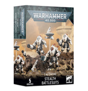 Warhammer 40,000 - T'au Empire - Stealth Battlesuits - Warhammer 40,000 T'au Empire Stealth Battlesuits box featuring five white and gray robotic figures on a rocky battlefield.