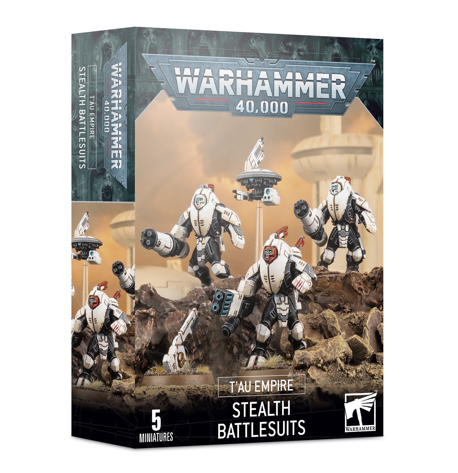 Warhammer 40,000 - T'au Empire - Stealth Battlesuits - Warhammer 40,000 T'au Empire Stealth Battlesuits box featuring five white and gray robotic figures on a rocky battlefield.