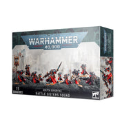 Warhammer 40,000 - Adepta Sororitas - Battle Sisters Squad - Warhammer 40,000 Adepta Sororitas Battle Sisters Squad box with painted miniatures in red and black armor wielding weapons.