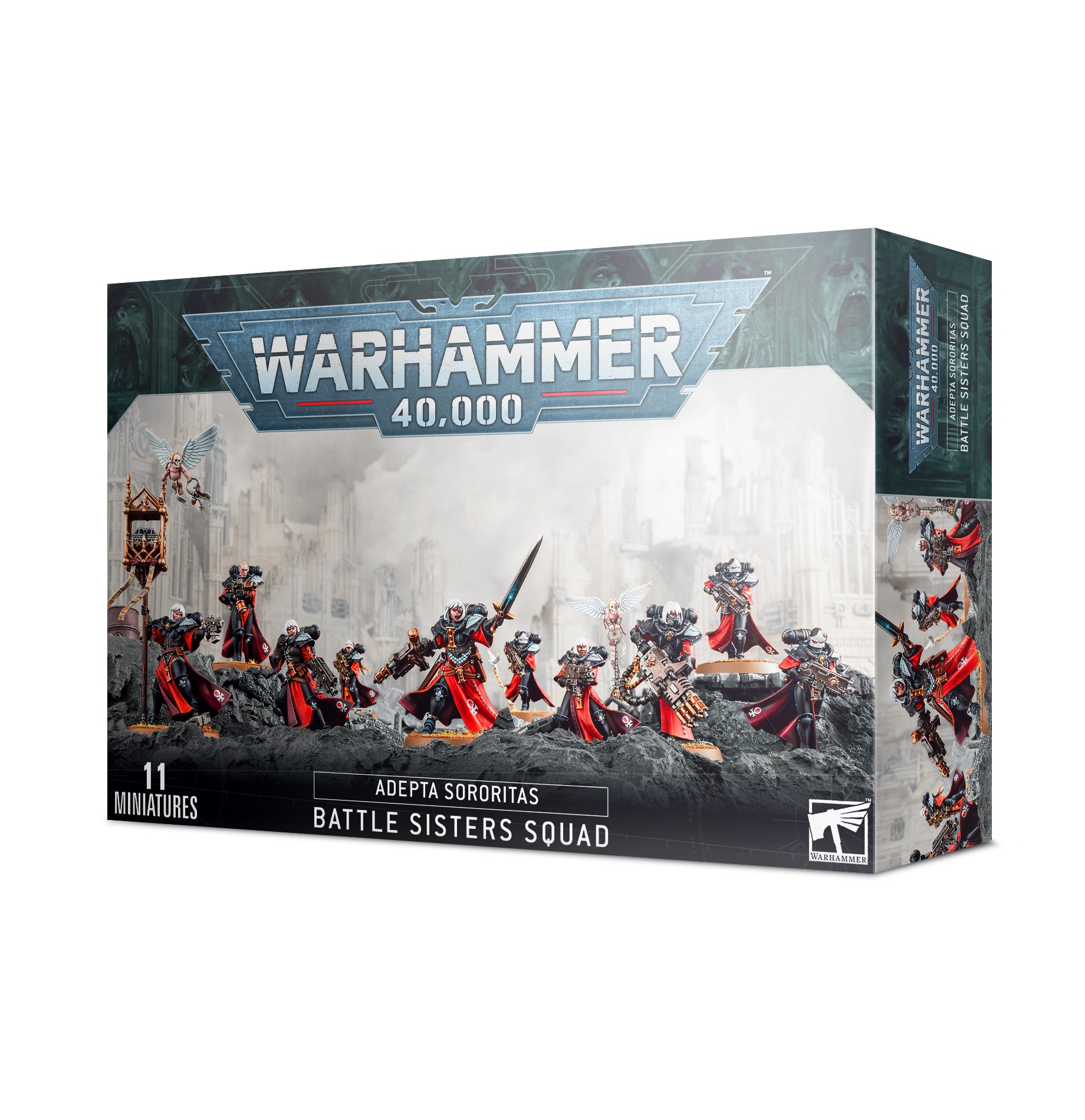 Warhammer 40,000 - Adepta Sororitas - Battle Sisters Squad - Warhammer 40,000 Adepta Sororitas Battle Sisters Squad box with painted miniatures in red and black armor wielding weapons.