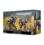 Warhammer 40,000 - Imperial Knights - Knight Armigers - Box set featuring two gray sci-fi mech miniatures with heavy armor and weaponry, set on round bases, Warhammer 40,000 Knight