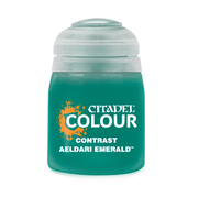 Citadel Contrast Paint: Aeldari Emerald - Citadel Colour Contrast Paint bottle in Aeldari Emerald green with white and orange text on label.