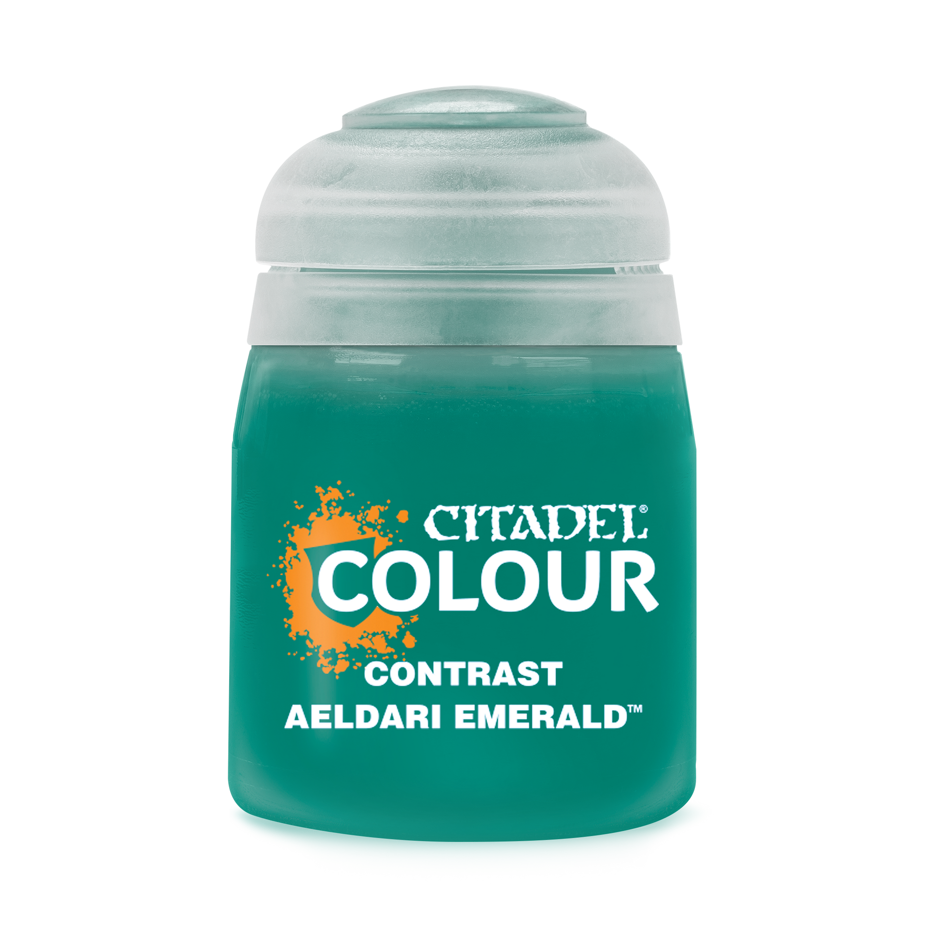 Citadel Contrast Paint: Aeldari Emerald - Citadel Colour Contrast Paint bottle in Aeldari Emerald green with white and orange text on label.