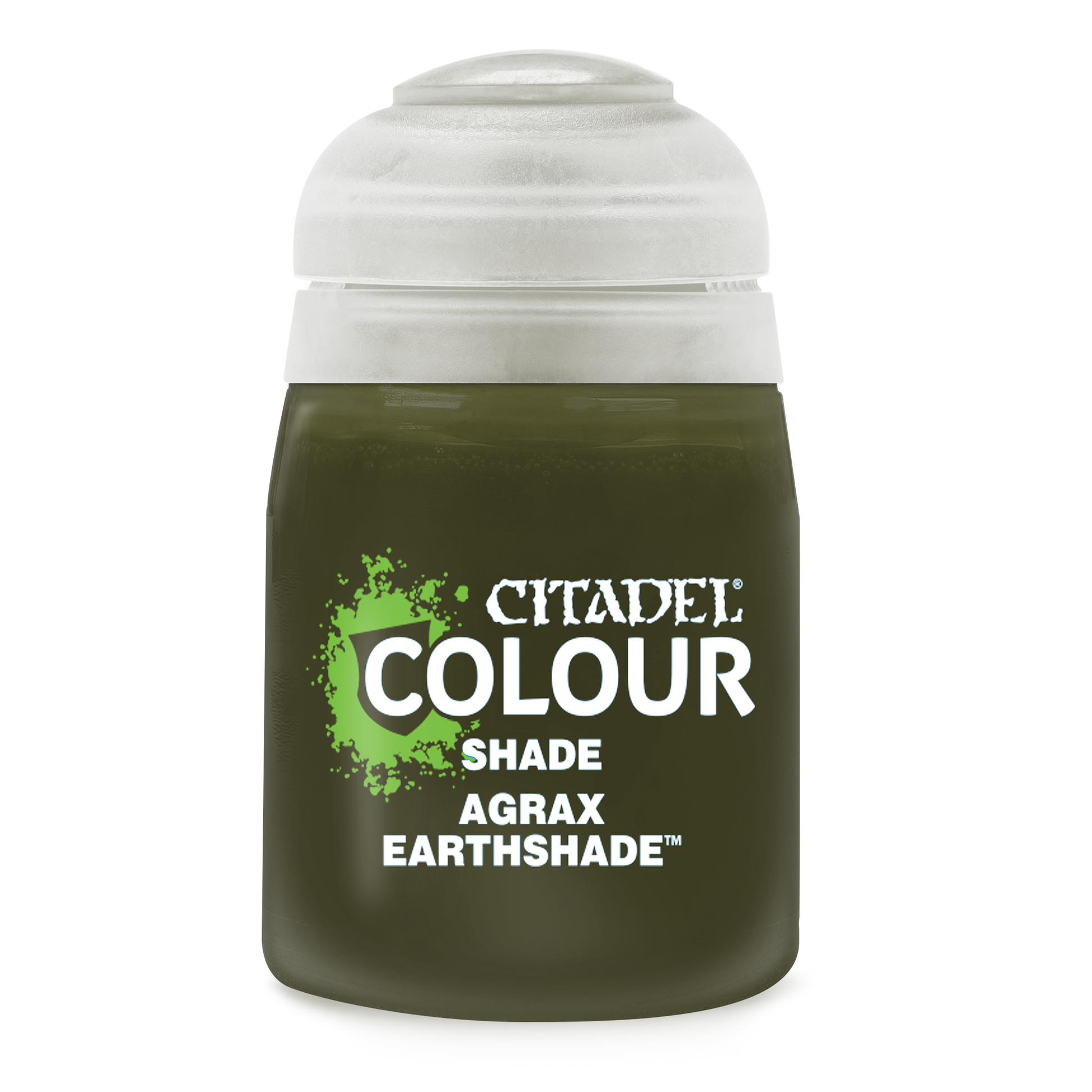Citadel Shade Paint: Agrax Earthshade - Citadel Colour Agrax Earthshade shade paint in olive green container with clear cap.