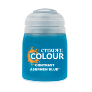 Citadel Contrast Paint: Asurmen Blue - Opaque blue paint pot with white Citadel Colour logo and orange paint splatter design on label.
