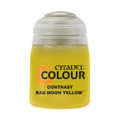 Citadel Contrast Paint: Bad Moon Yellow - Small transparent paint pot filled with bright yellow Citadel Contrast paint labeled Bad Moon Yellow.
