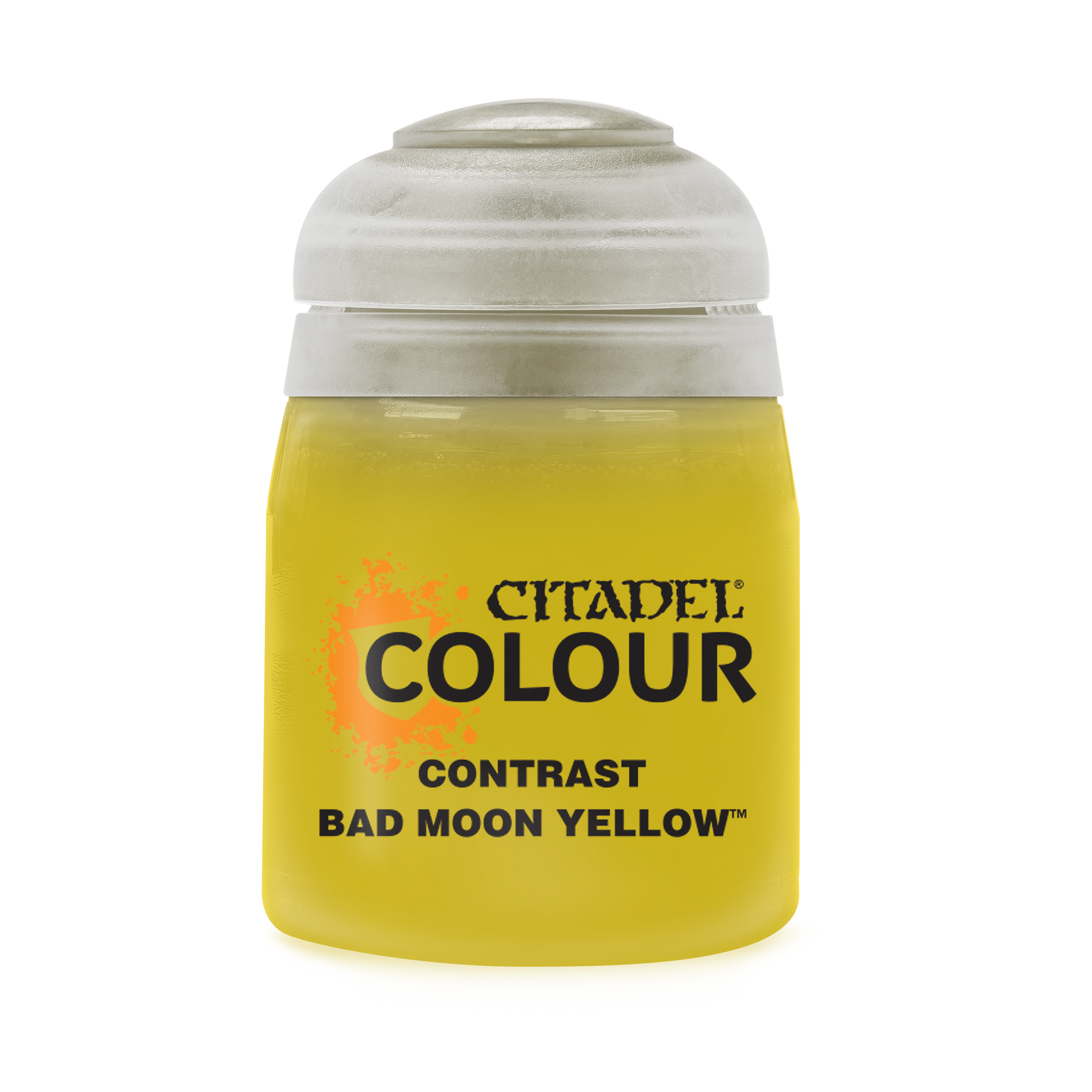 Citadel Contrast Paint: Bad Moon Yellow - Small transparent paint pot filled with bright yellow Citadel Contrast paint labeled Bad Moon Yellow.