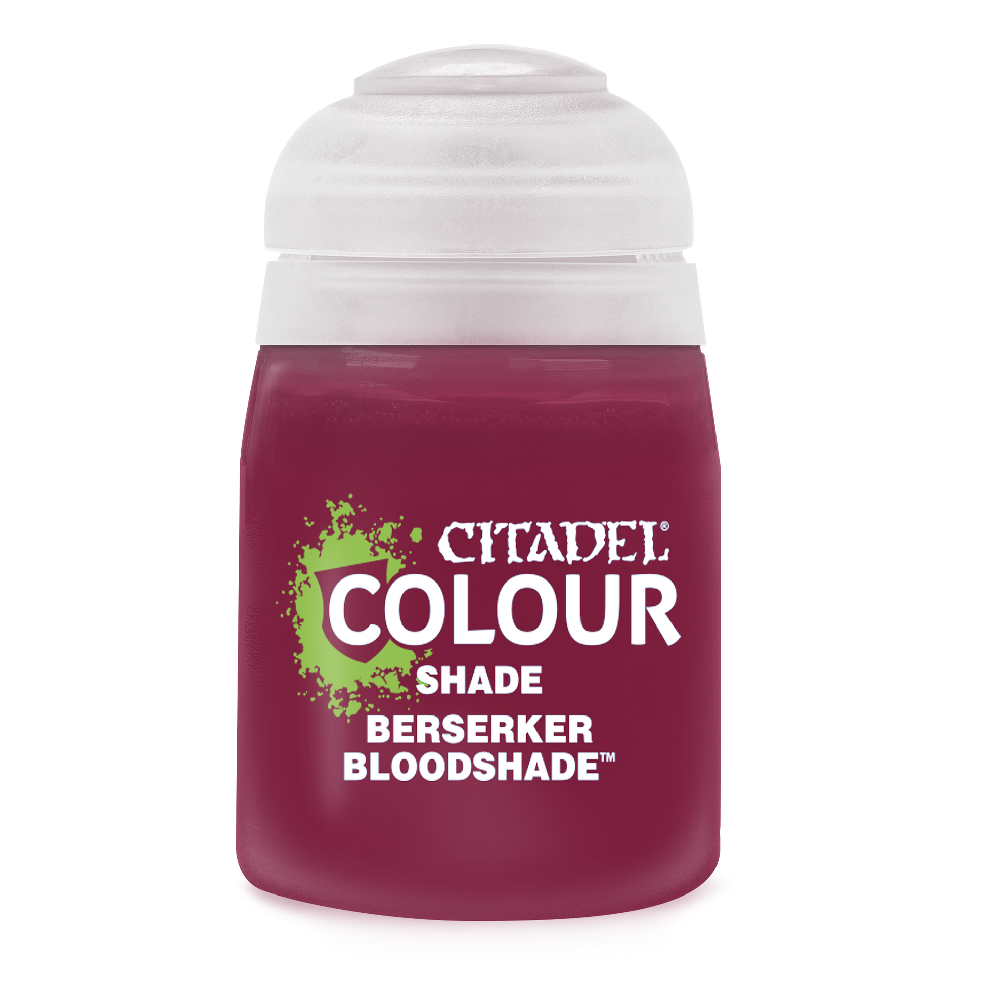 Citadel Shade Paint: Berserker Bloodshade - Small frosted plastic bottle of deep red Citadel Shade paint with a clear flip-top lid and white label text.
