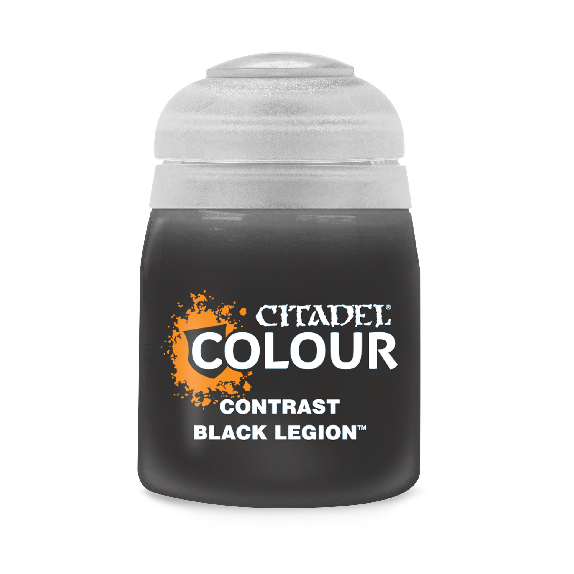 Citadel Contrast Paint: Black Legion - Citadel Colour Contrast Black Legion paint bottle with black label and white cap.