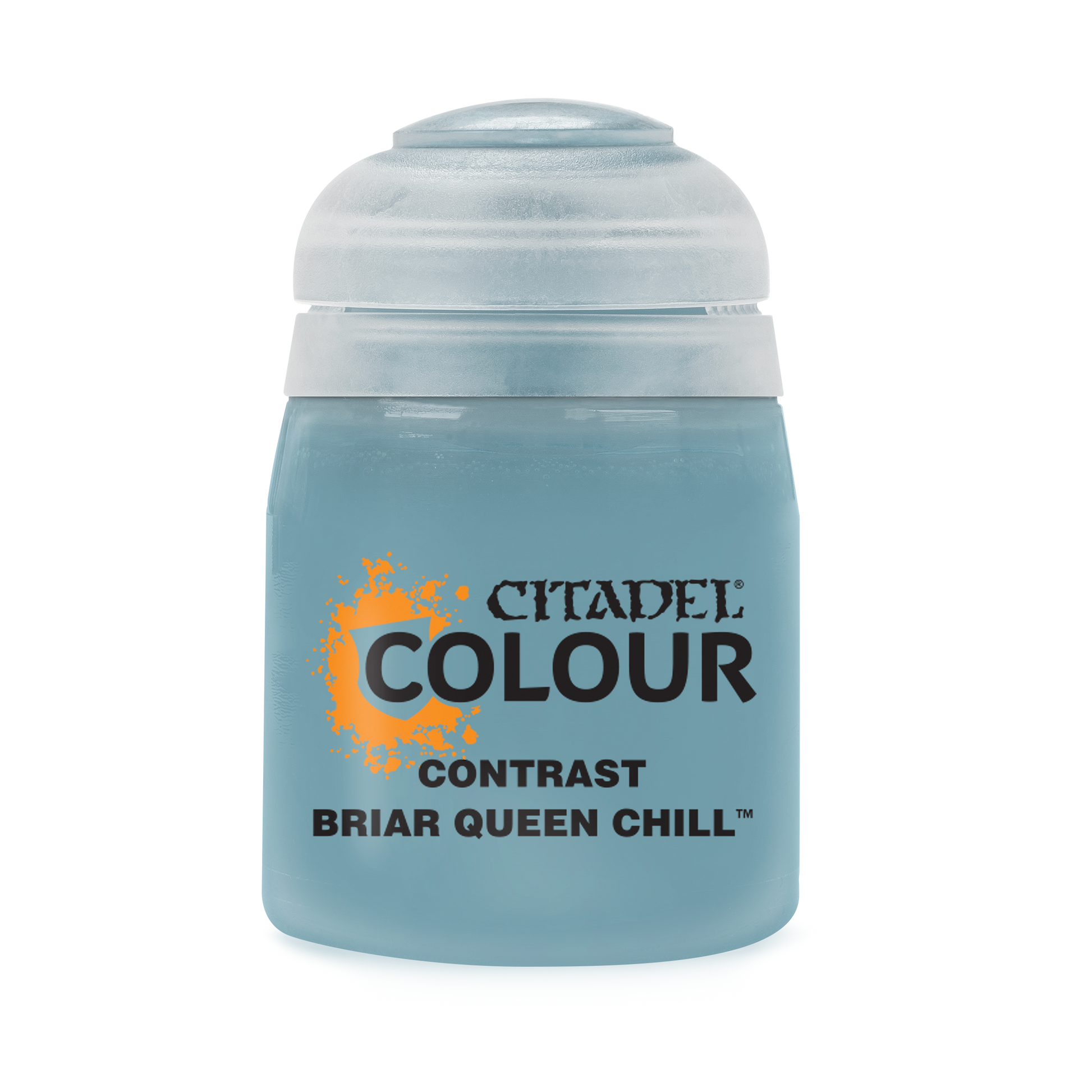 Citadel Contrast Paint: Briar Queen Chill - Small frosted blue paint pot labeled Citadel Colour Contrast Briar Queen Chill with clear lid.
