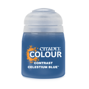 Citadel Contrast Paint: Celestium Blue - Citadel Colour Contrast paint bottle in Celestium Blue with white and orange text on a transparent cap.
