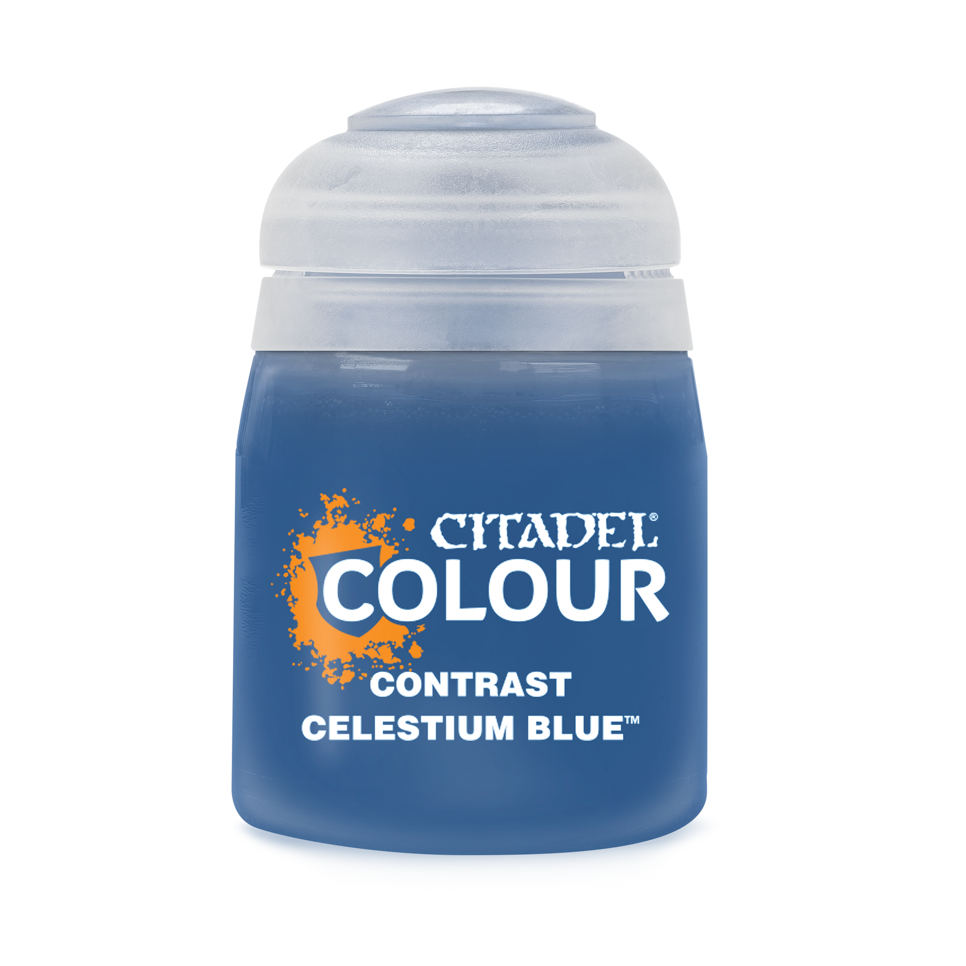 Citadel Contrast Paint: Celestium Blue - Citadel Colour Contrast paint bottle in Celestium Blue with white and orange text on a transparent cap.