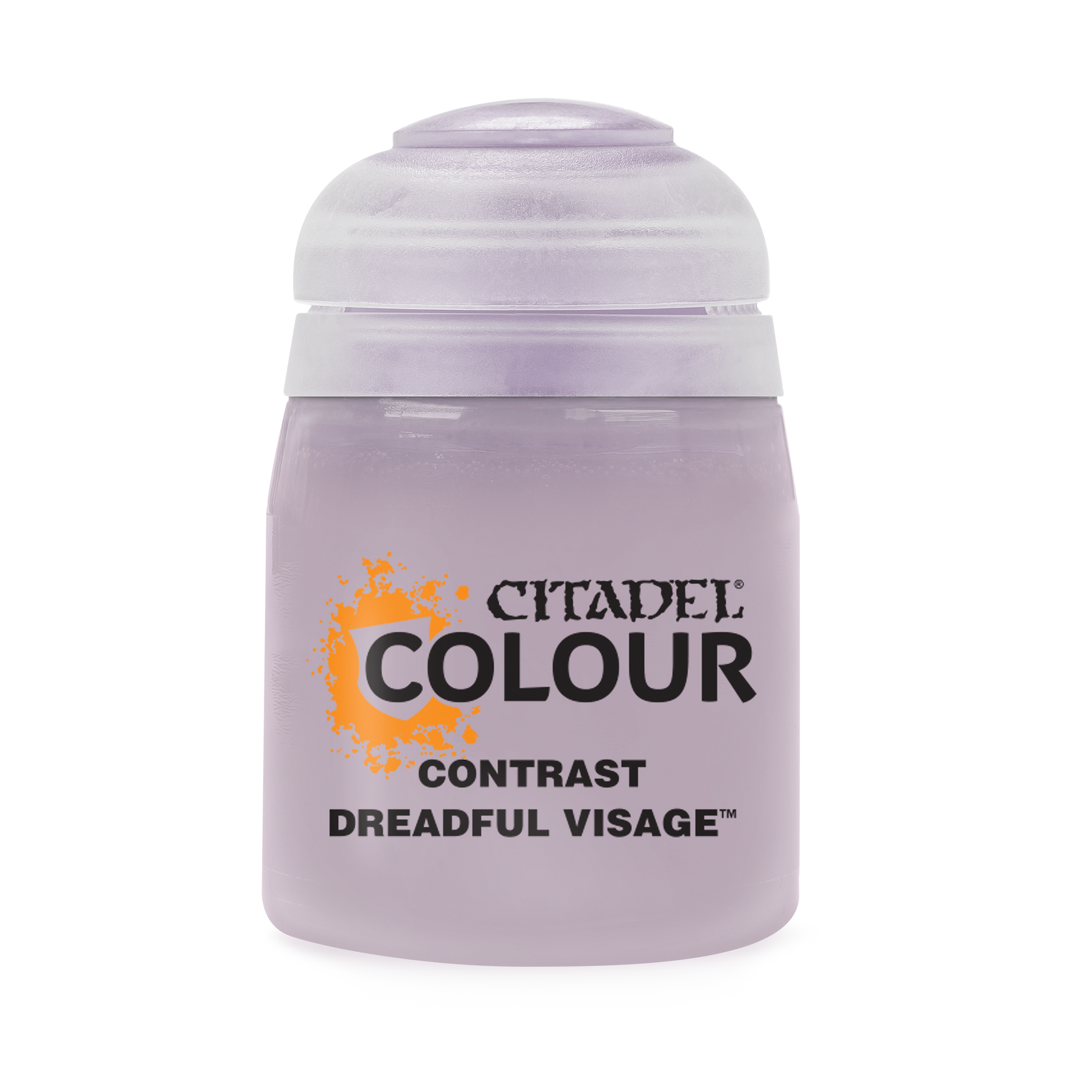 Citadel Contrast Paint: Dreadful Visage - Citadel Colour Contrast Paint Dreadful Visage light purple paint pot with black and orange label.