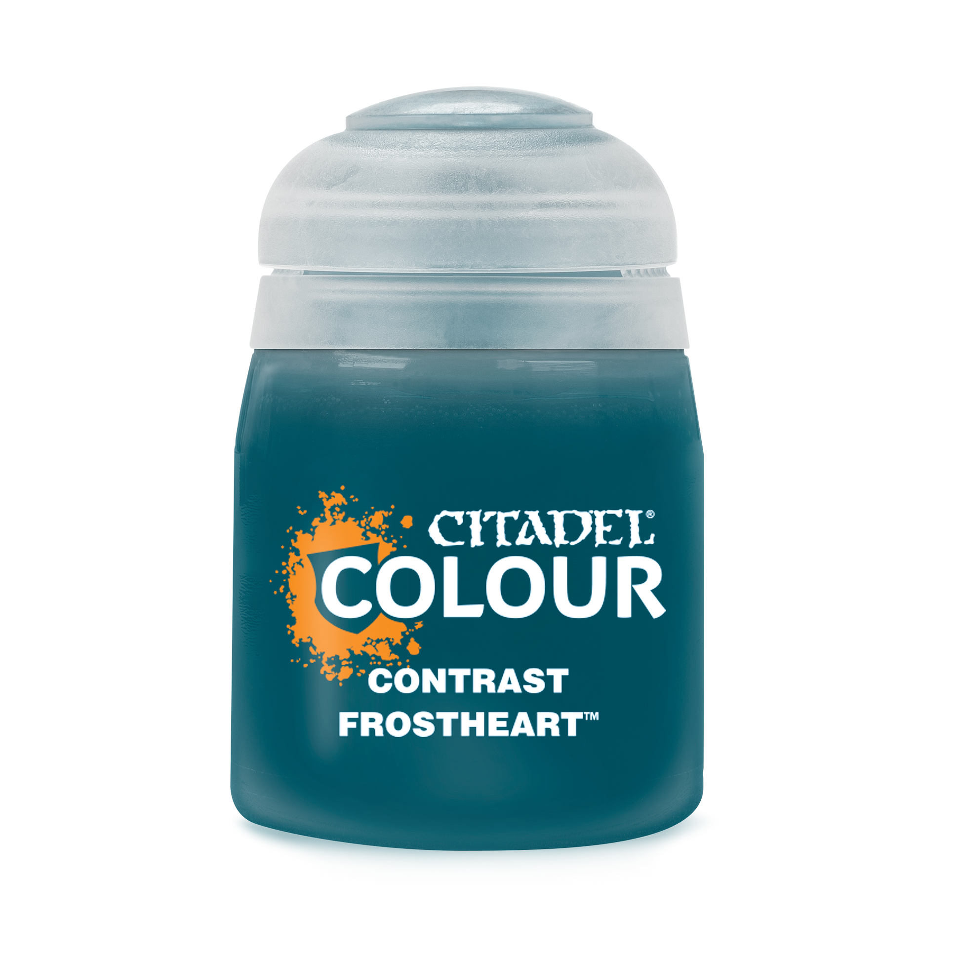 Citadel Contrast Paint: Frostheart - Citadel Colour Contrast paint pot in Frostheart blue with clear snap lid.