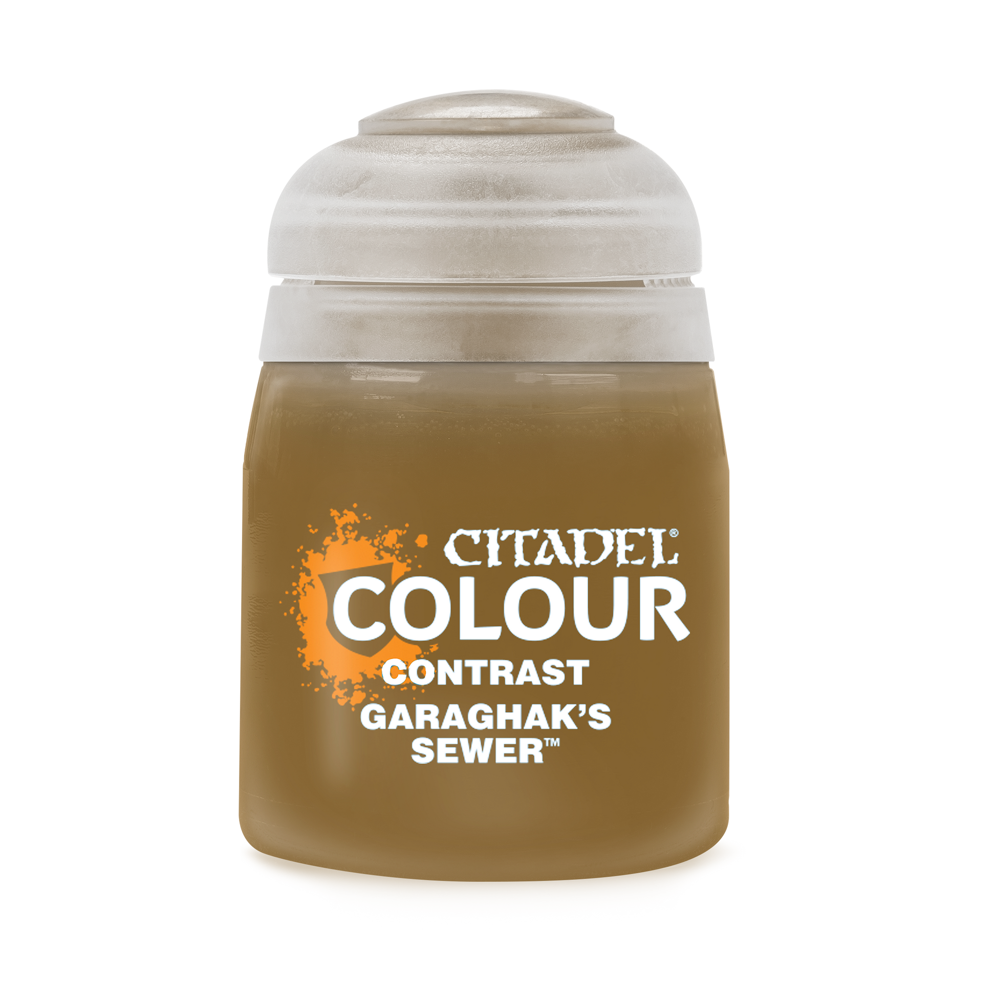 Citadel Contrast Paint: Garaghak's Sewer - Opaque brown Citadel Contrast Paint bottle labeled Garaghak's Sewer with white cap.