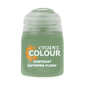 Citadel Contrast Paint: Gutrippa Flesh - Small frosted plastic pot of Citadel Colour Contrast paint in Gutrippa Flesh with green cap and orange logo text.