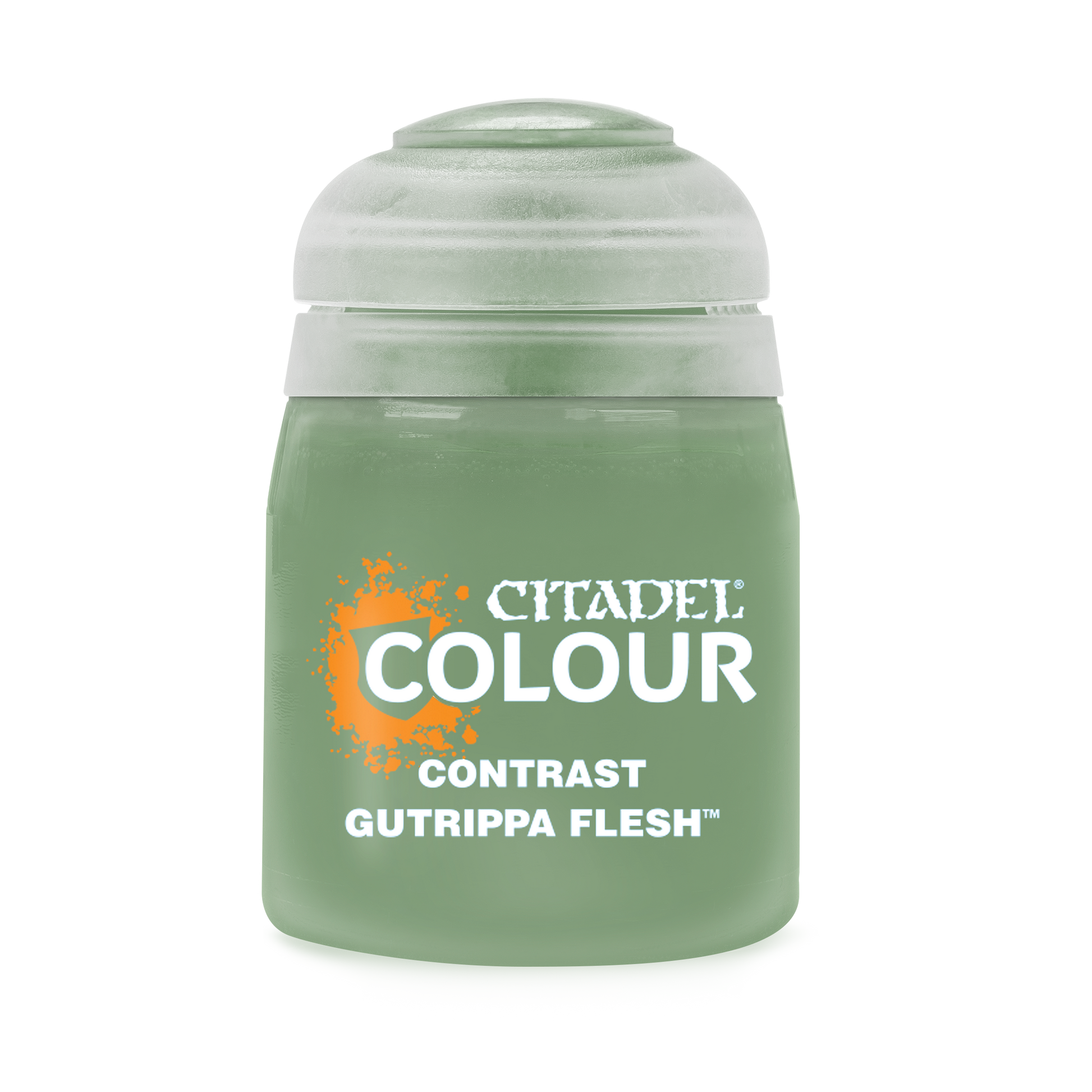 Citadel Contrast Paint: Gutrippa Flesh - Small frosted plastic pot of Citadel Colour Contrast paint in Gutrippa Flesh with green cap and orange logo text.