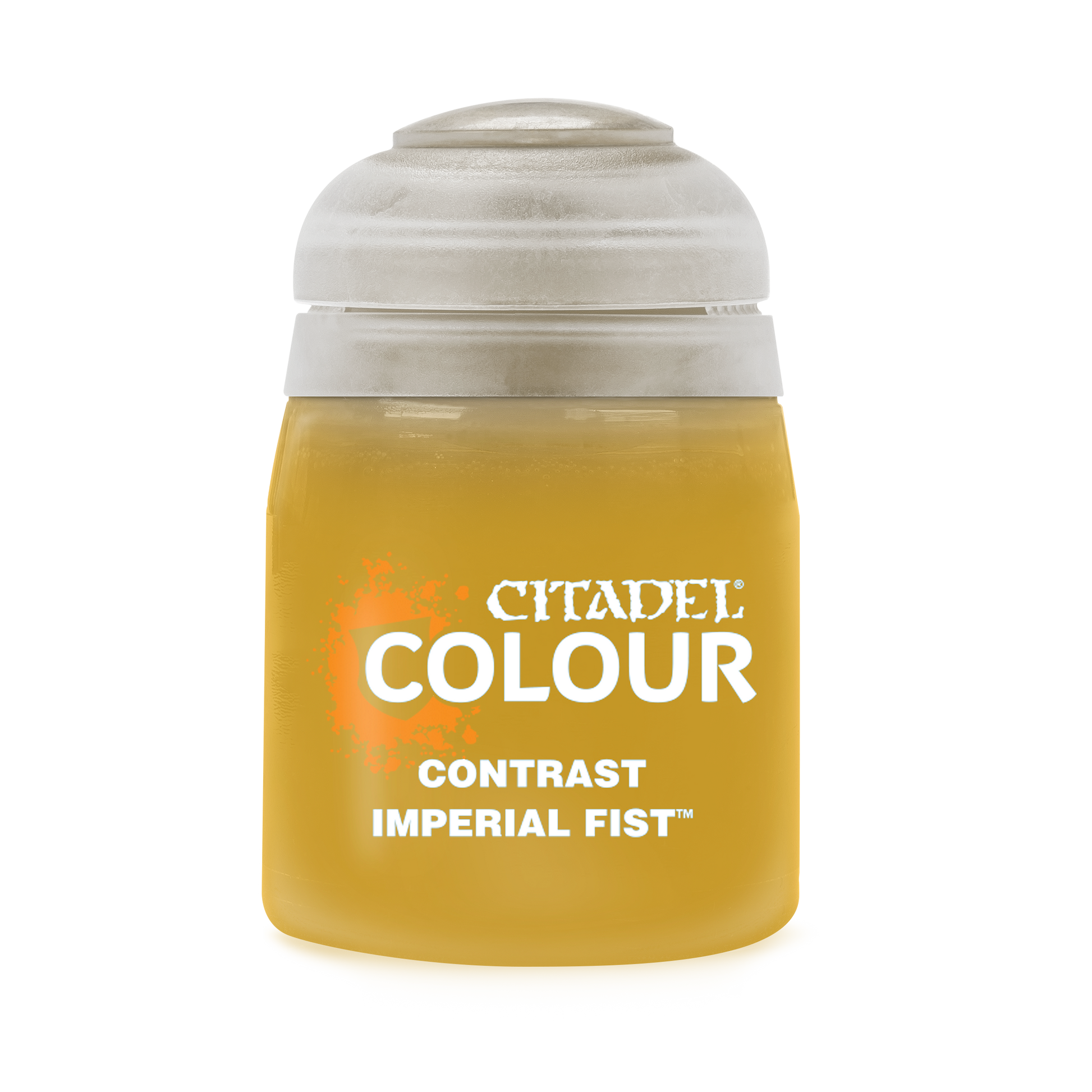 Citadel Contrast Paint: Imperial Fist - Yellow Citadel Colour Contrast Paint pot labeled Imperial Fist with a clear plastic lid.