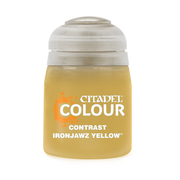 Citadel Contrast Paint: Ironjawz Yellow - Citadel Colour Contrast Paint pot in Ironjawz Yellow with white lid and orange logo.