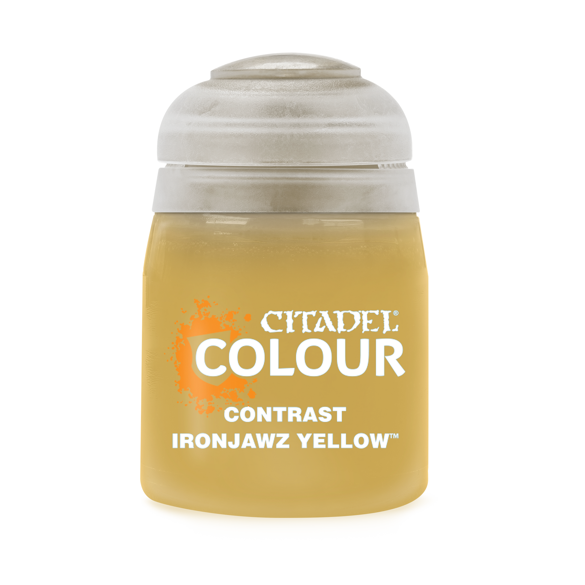 Citadel Contrast Paint: Ironjawz Yellow - Citadel Colour Contrast Paint pot in Ironjawz Yellow with white lid and orange logo.