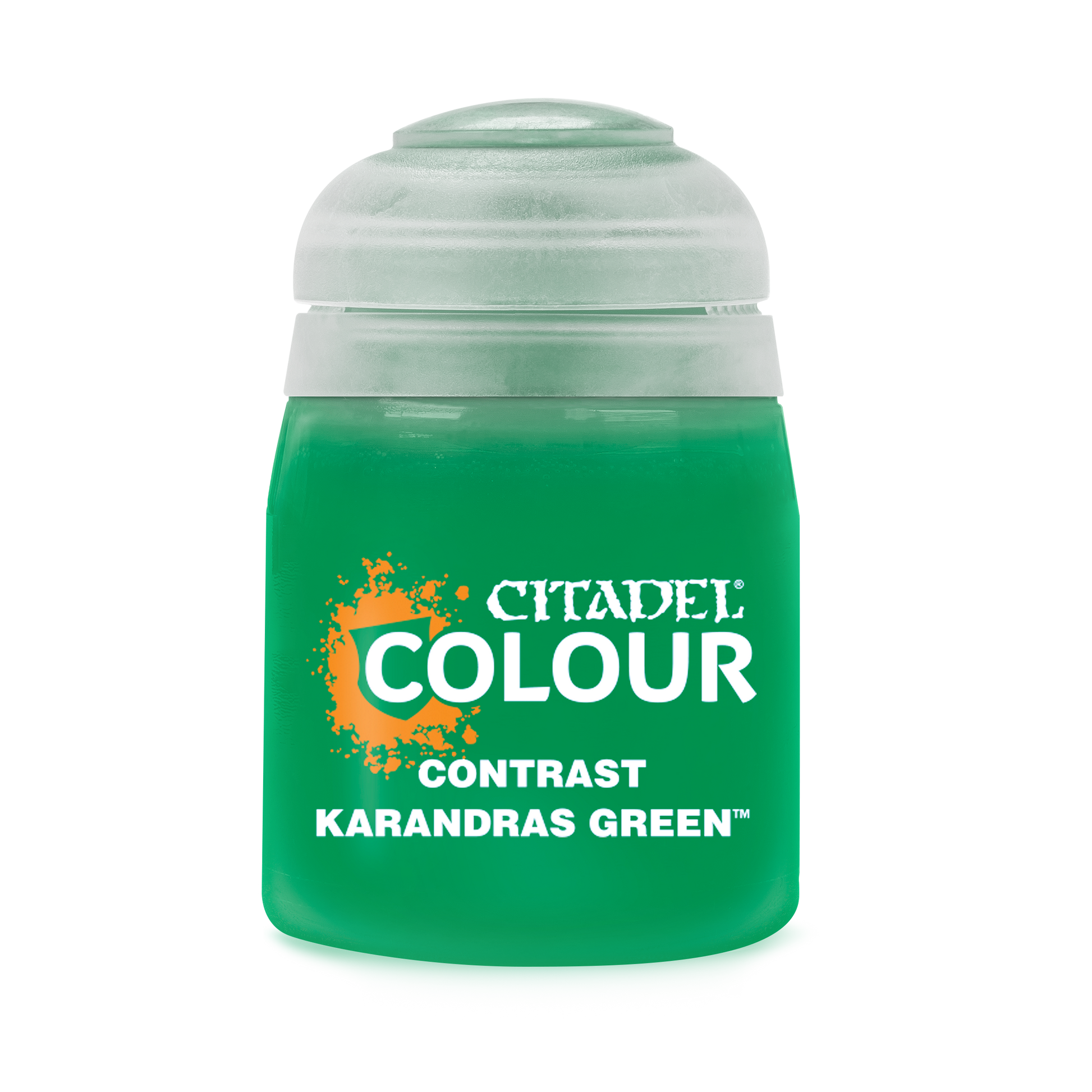 Citadel Contrast Paint: Karandras Green - Citadel Colour Contrast Paint container in vibrant Karandras Green with a clear plastic lid.