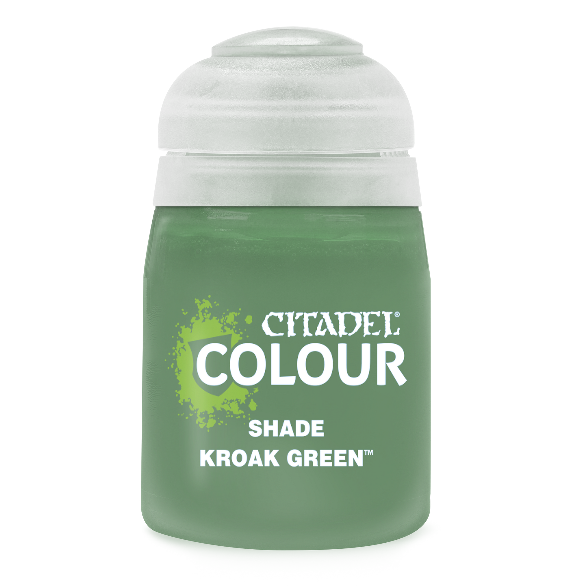 Citadel Shade Paint: Kroak Green - Small frosted plastic pot of Citadel Colour Shade paint in Kroak Green with white screw-on lid.