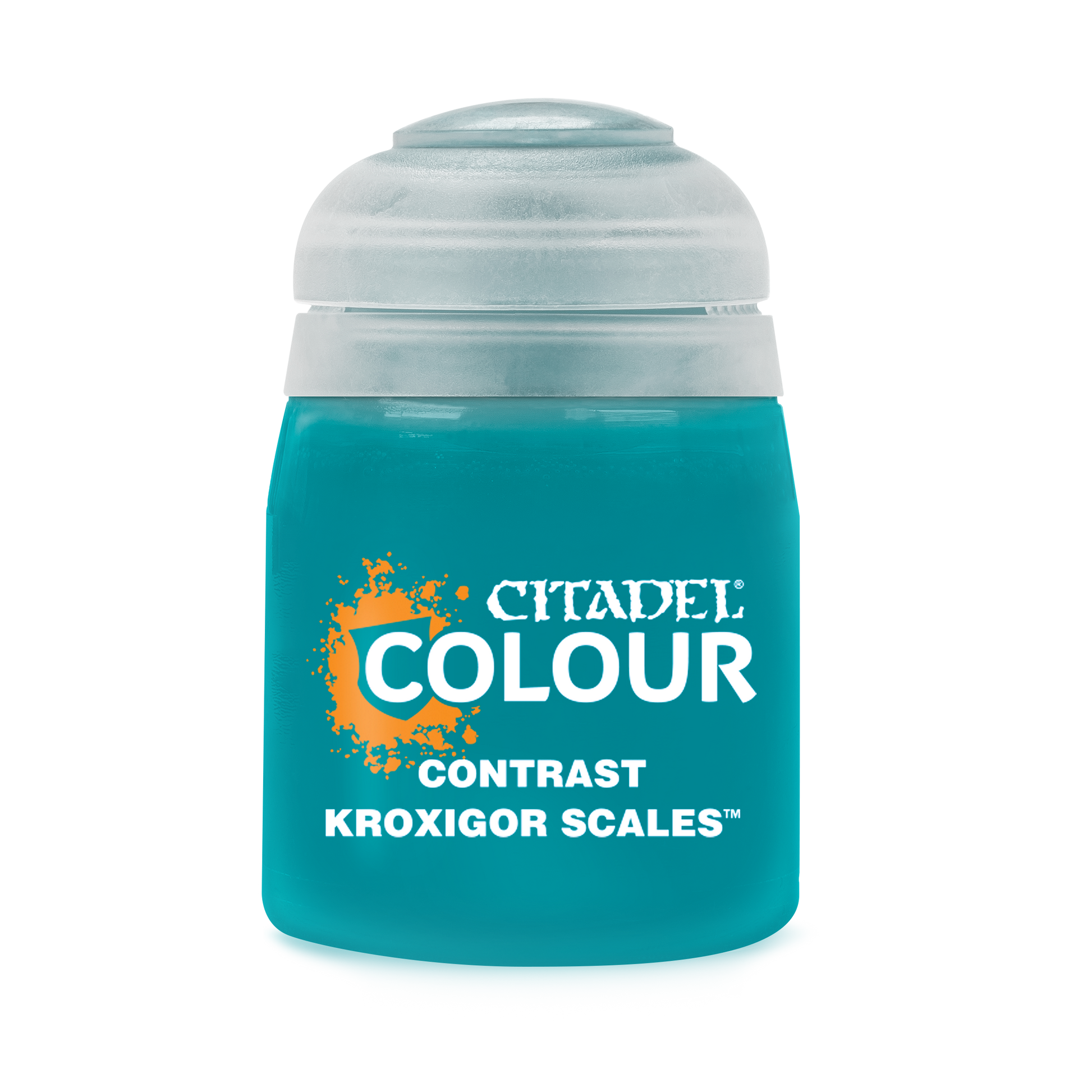 Citadel Contrast Paint: Kroxigor Scales - Citadel Colour Contrast paint bottle in turquoise labeled Kroxigor Scales with clear cap.