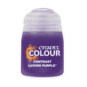 Citadel Contrast Paint: Luxion Purple - Small plastic jar of Citadel Colour Contrast paint in vibrant Luxion Purple with white label text and a frosted translucent.