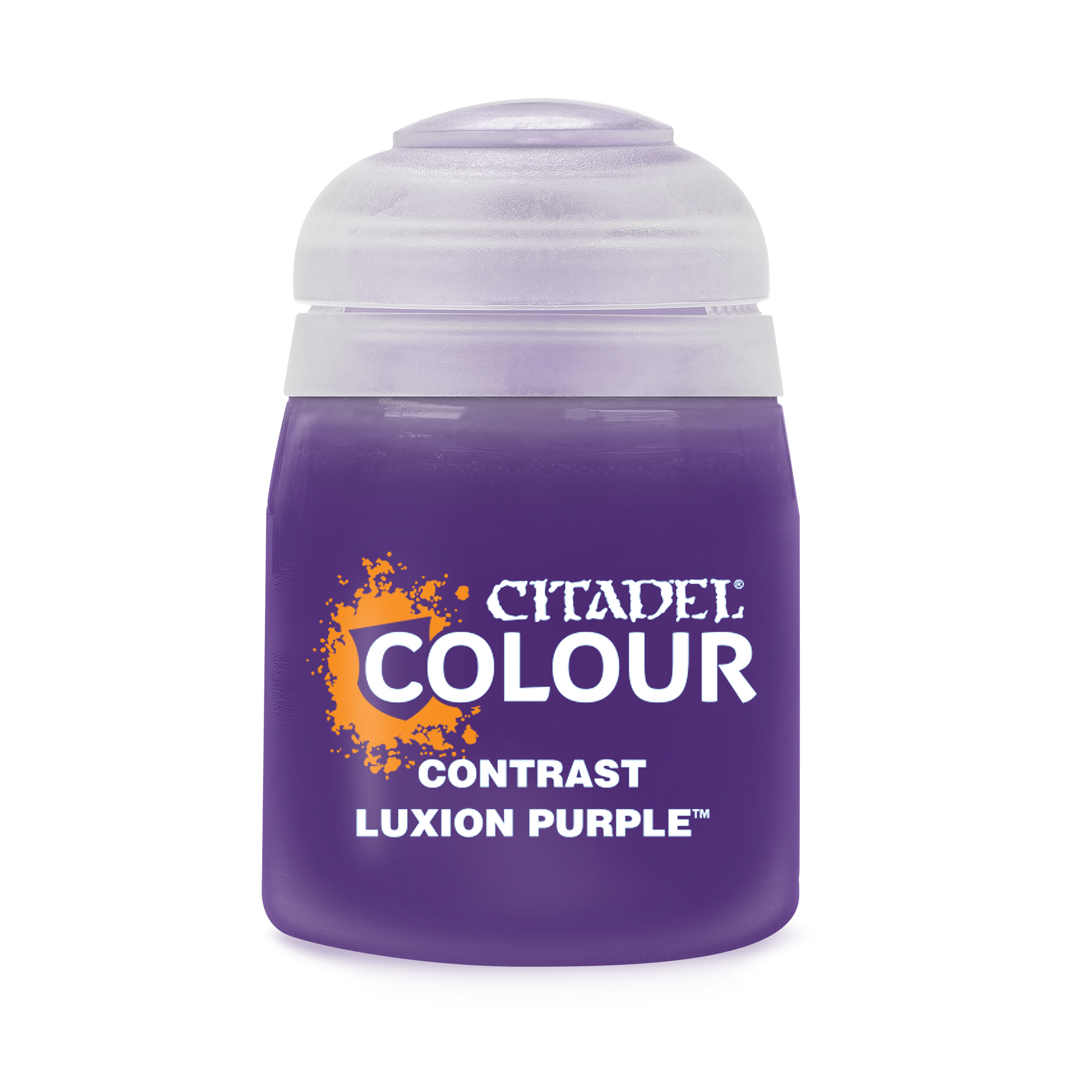 Citadel Contrast Paint: Luxion Purple - Small plastic jar of Citadel Colour Contrast paint in vibrant Luxion Purple with white label text and a frosted translucent.