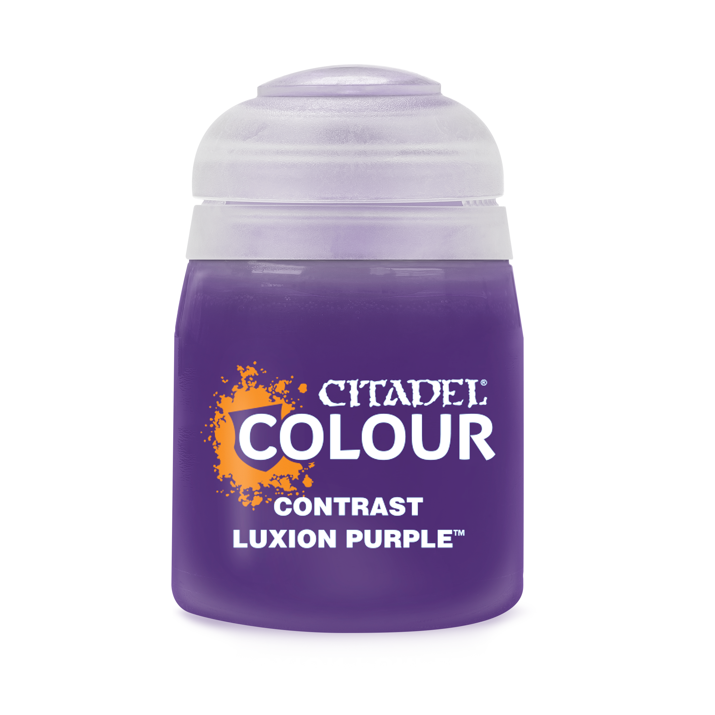 Citadel Contrast Paint: Luxion Purple - Small plastic jar of Citadel Colour Contrast paint in vibrant Luxion Purple with white label text and a frosted translucent.