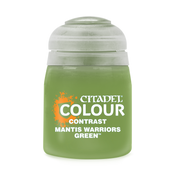 Citadel Contrast Paint: Mantis Warriors Green - Small frosted plastic pot of Citadel Contrast paint in bright mantis green with white and orange labeling.