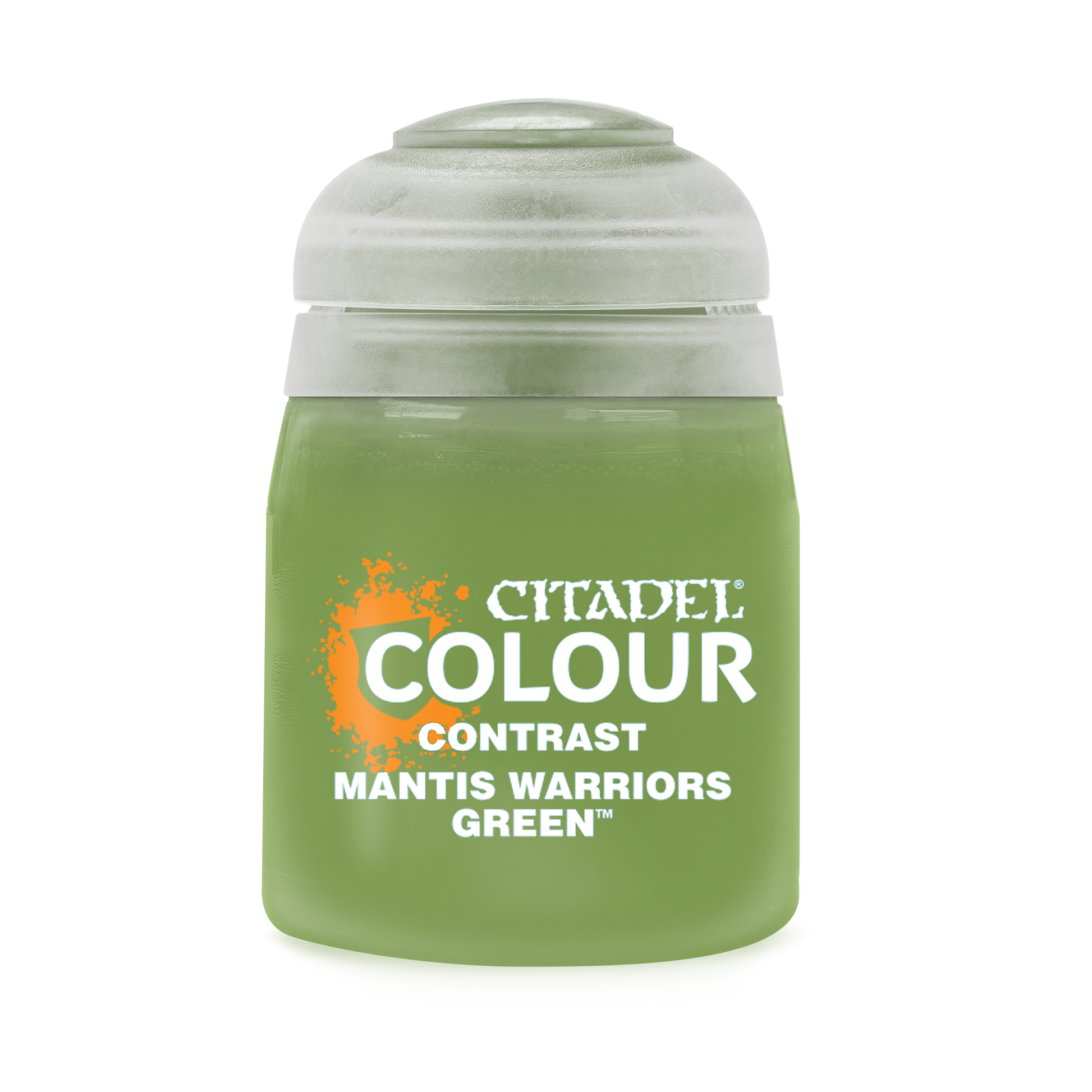 Citadel Contrast Paint: Mantis Warriors Green - Small frosted plastic pot of Citadel Contrast paint in bright mantis green with white and orange labeling.