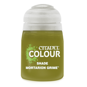 Citadel Shade Paint: Mortarion Grime - Small transparent jar of olive green Citadel Colour Shade paint labeled Mortarion Grime with white cap.