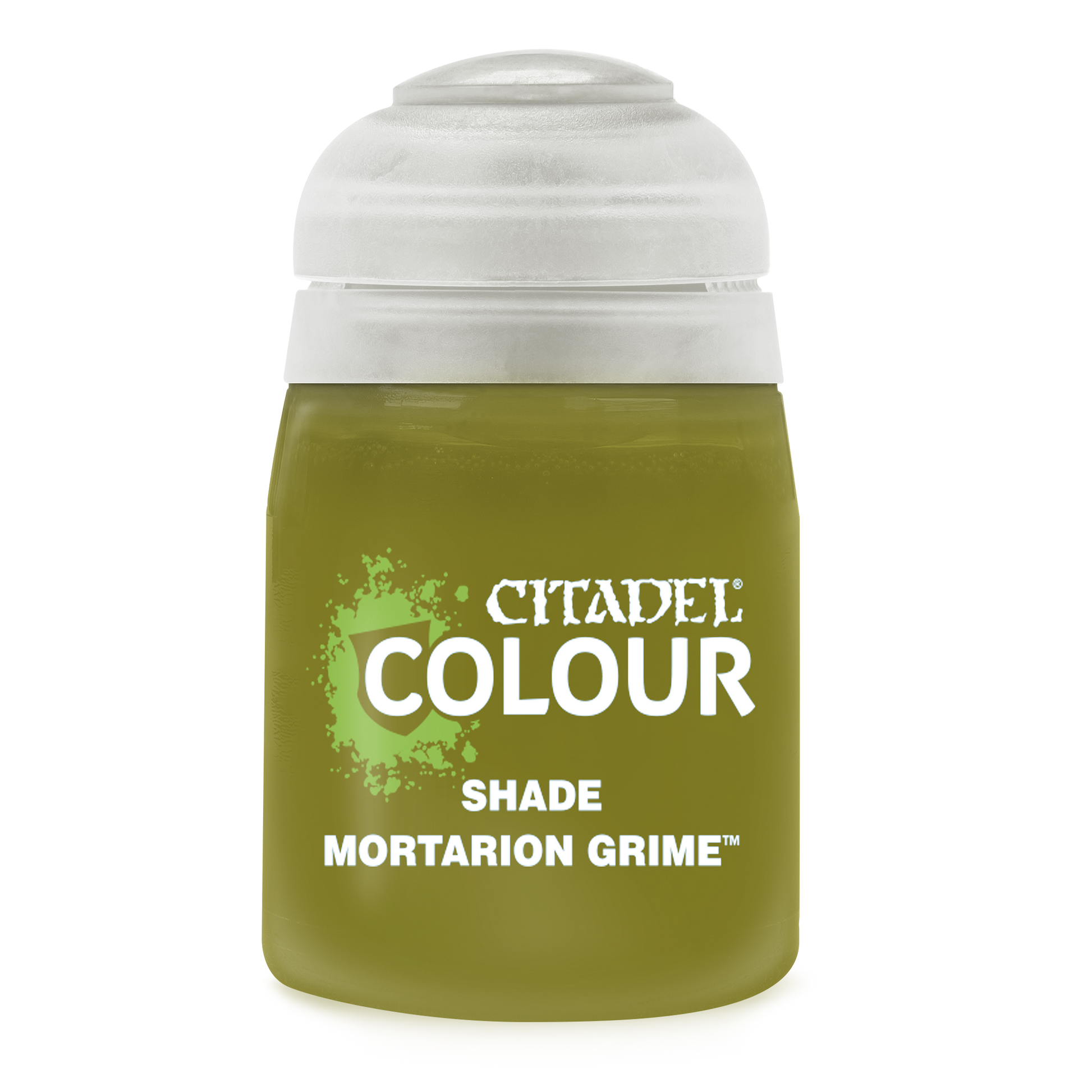 Citadel Shade Paint: Mortarion Grime - Small transparent jar of olive green Citadel Colour Shade paint labeled Mortarion Grime with white cap.