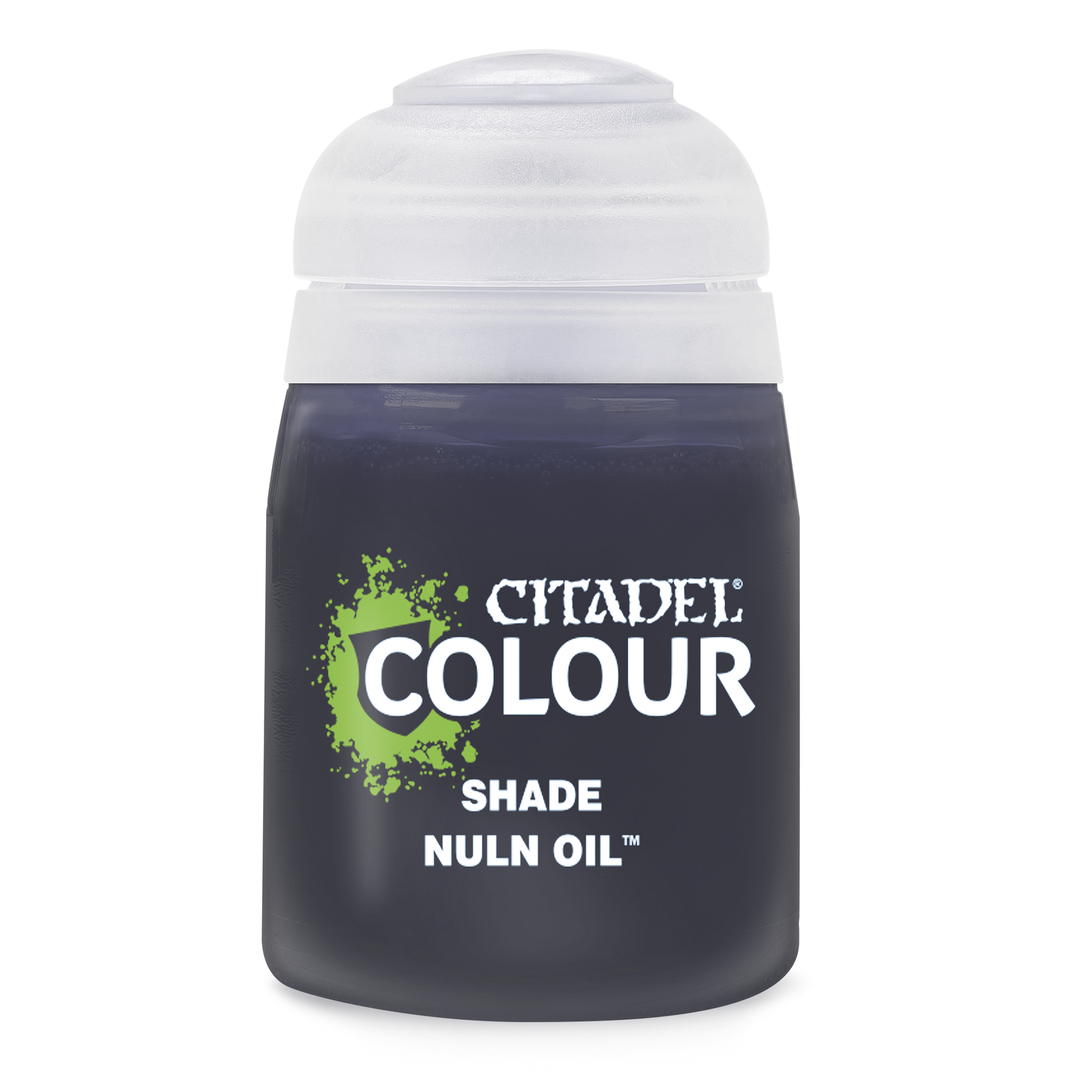 Citadel Shade Paint: Nuln Oil - Citadel Colour Shade Nuln Oil paint pot with black lid and green and white label text.