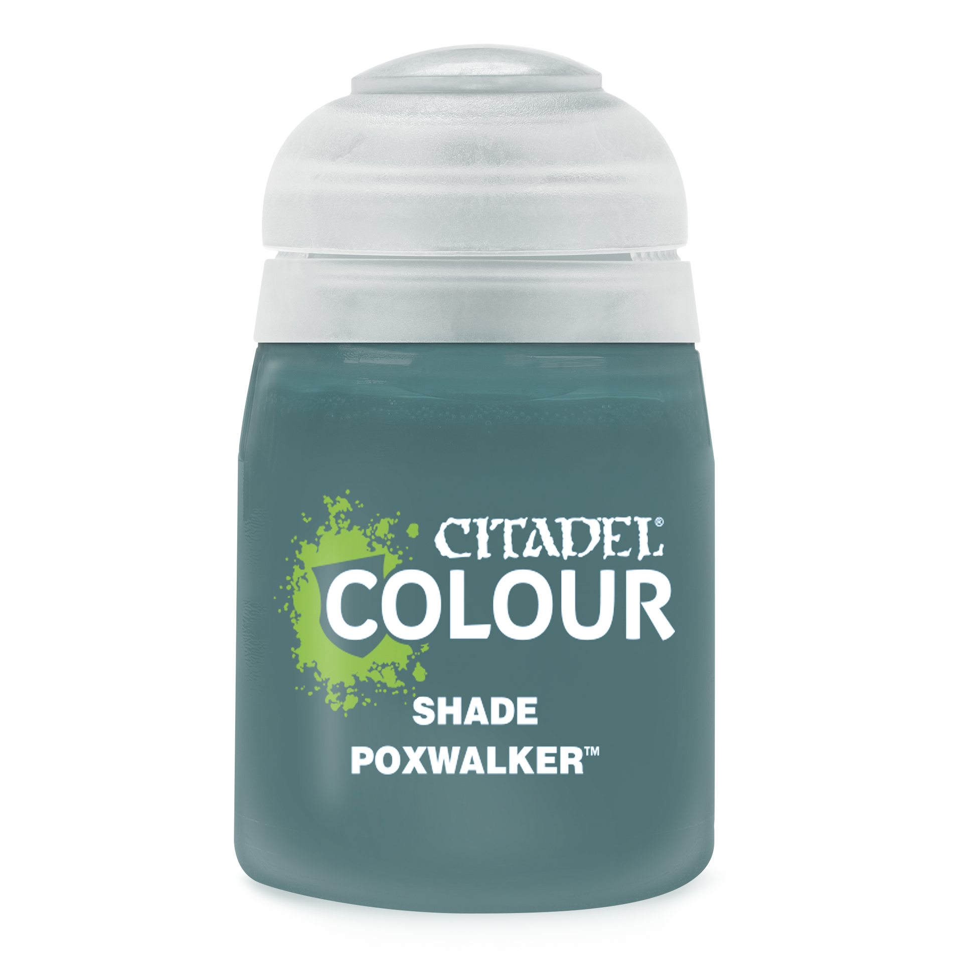 Citadel Shade Paint: Poxwalker - Citadel Colour Shade Poxwalker paint pot with dark muted green label and translucent cap.